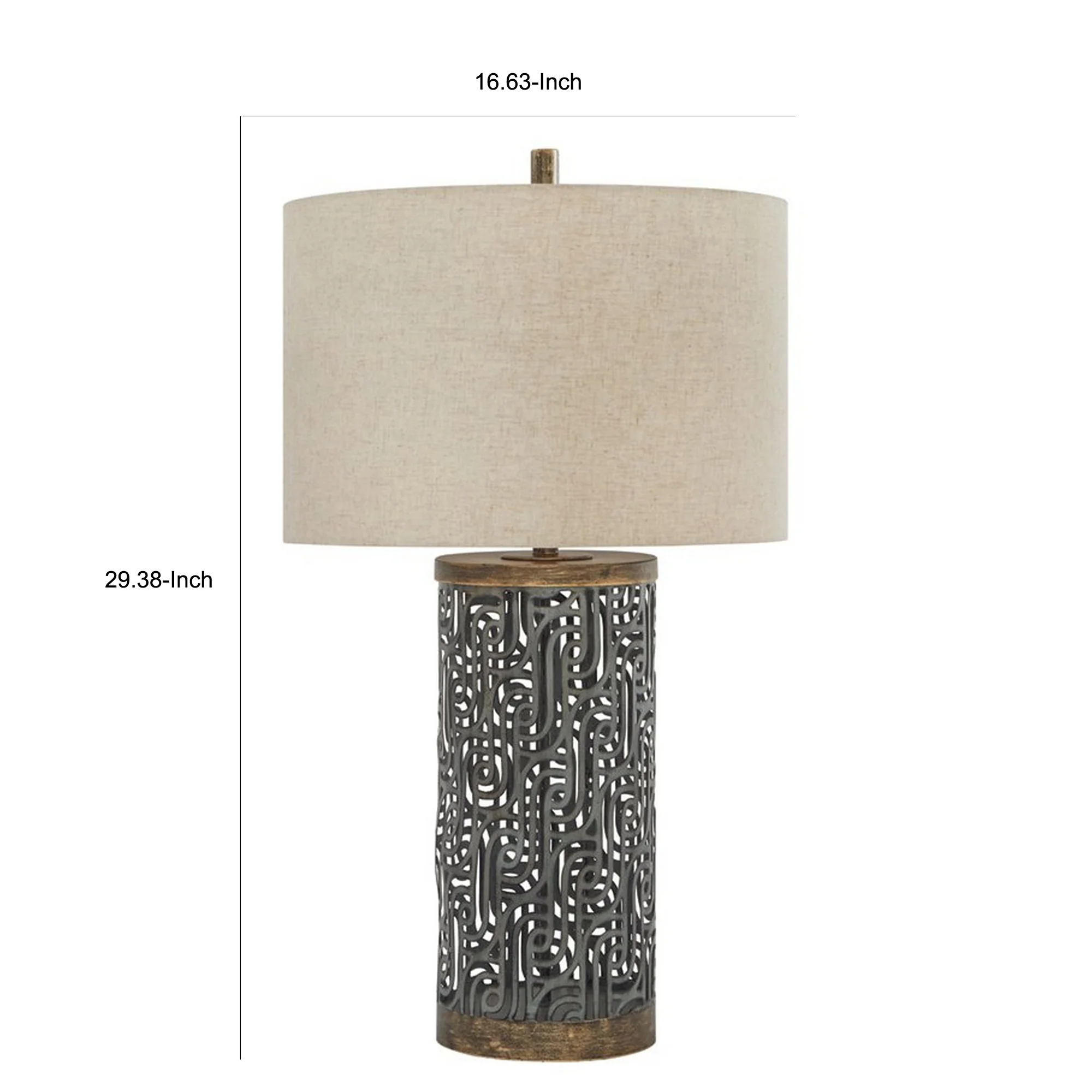 150 Watt Metal Body Table Lamp With Network Design Gray And Beige By Benzara - Image 3