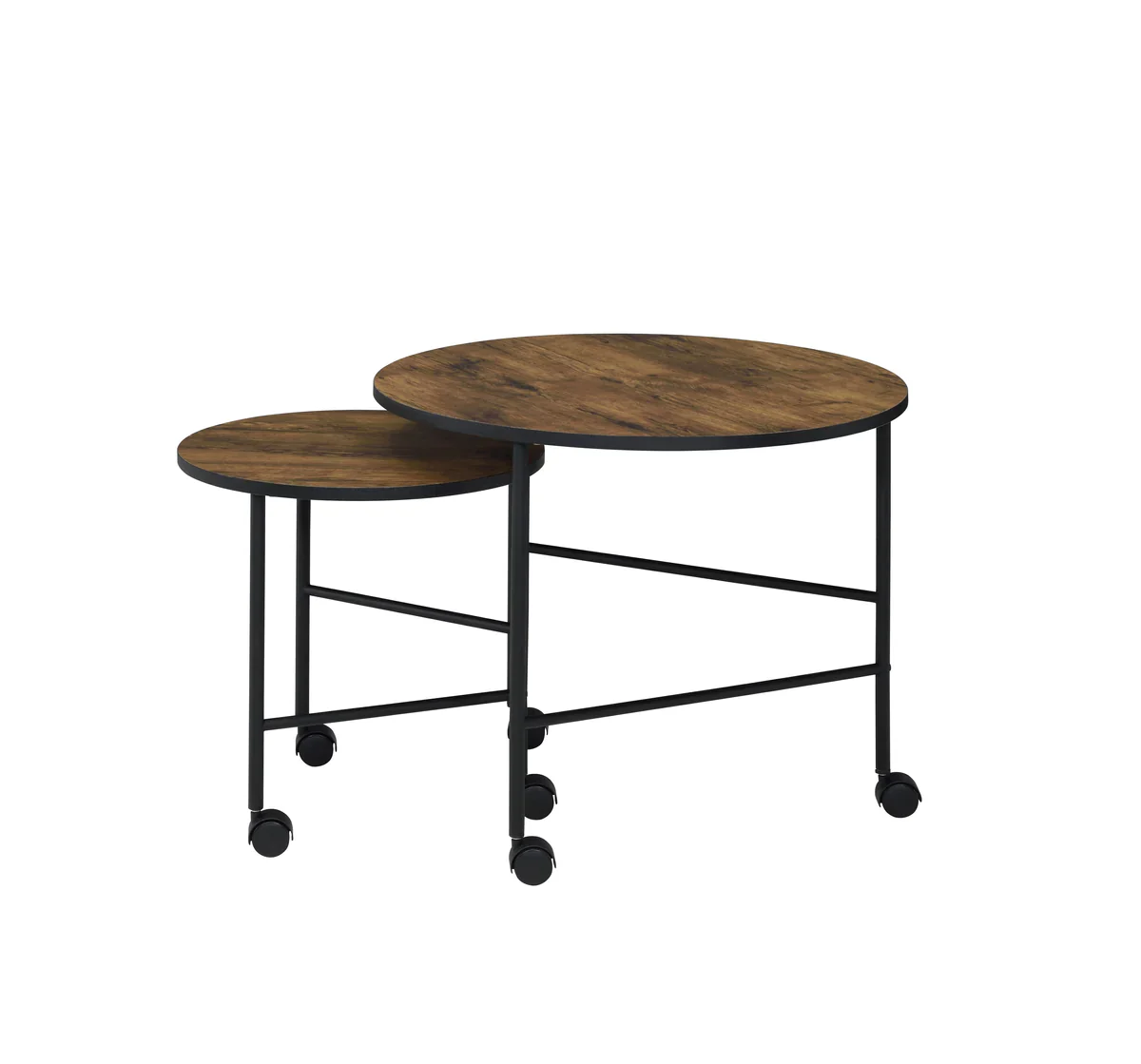2 Piece Round Nesting End Table with Casters, Oak Brown and Black By Benzara