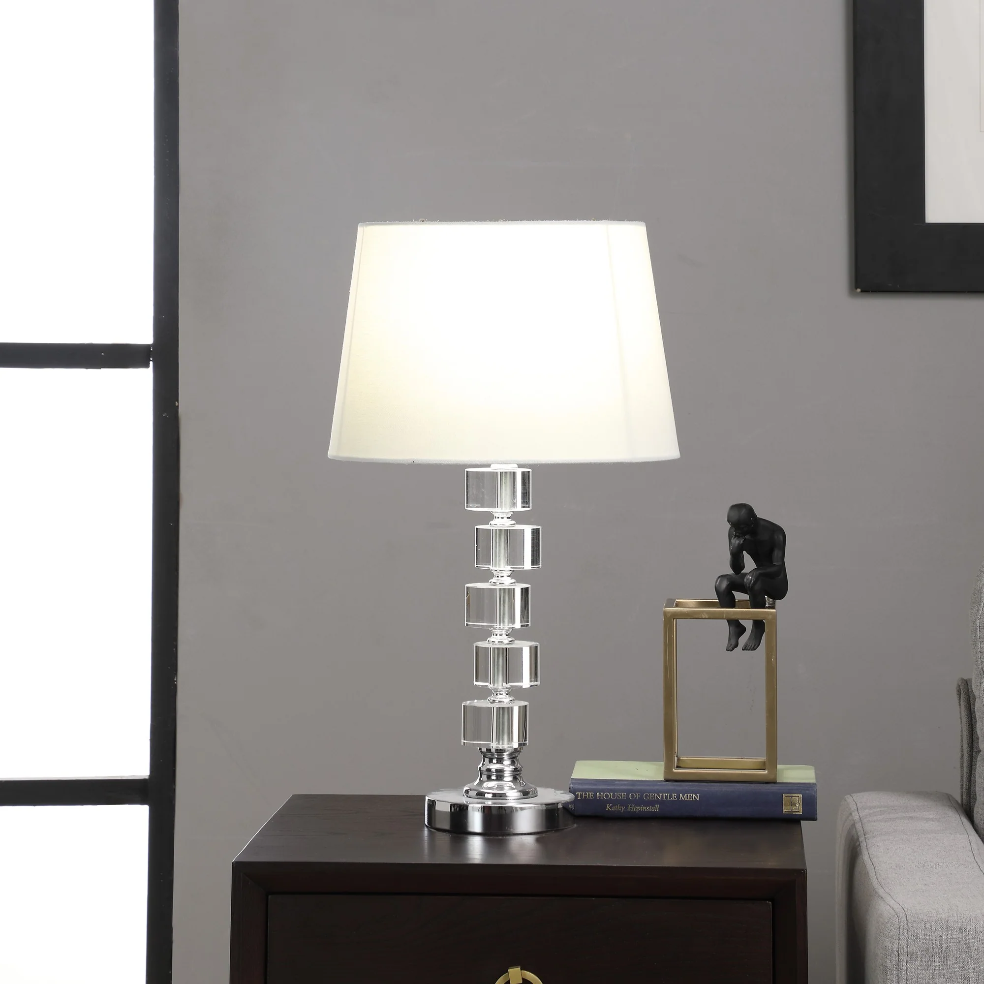 20" Silver Crystal Stacked Geo Cubes Table Lamp With White Classic Empire Shade By Homeroots