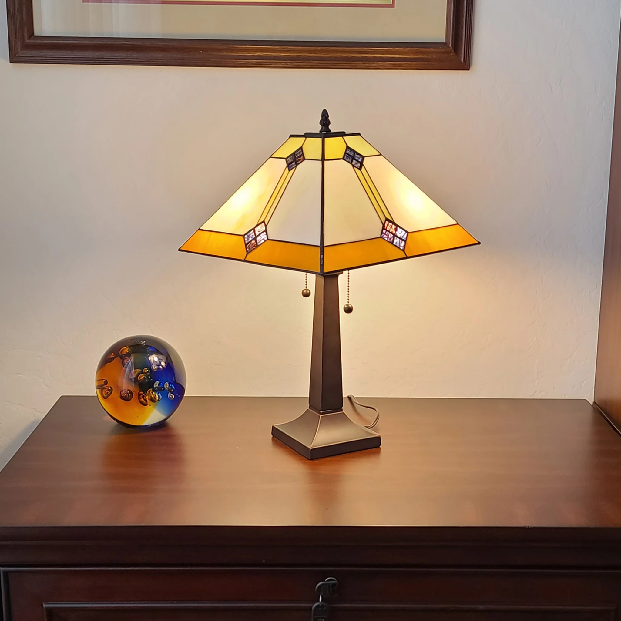 21" Amber Cream and Blue Stained Glass Two Light Mission Style Table Lamp By Homeroots