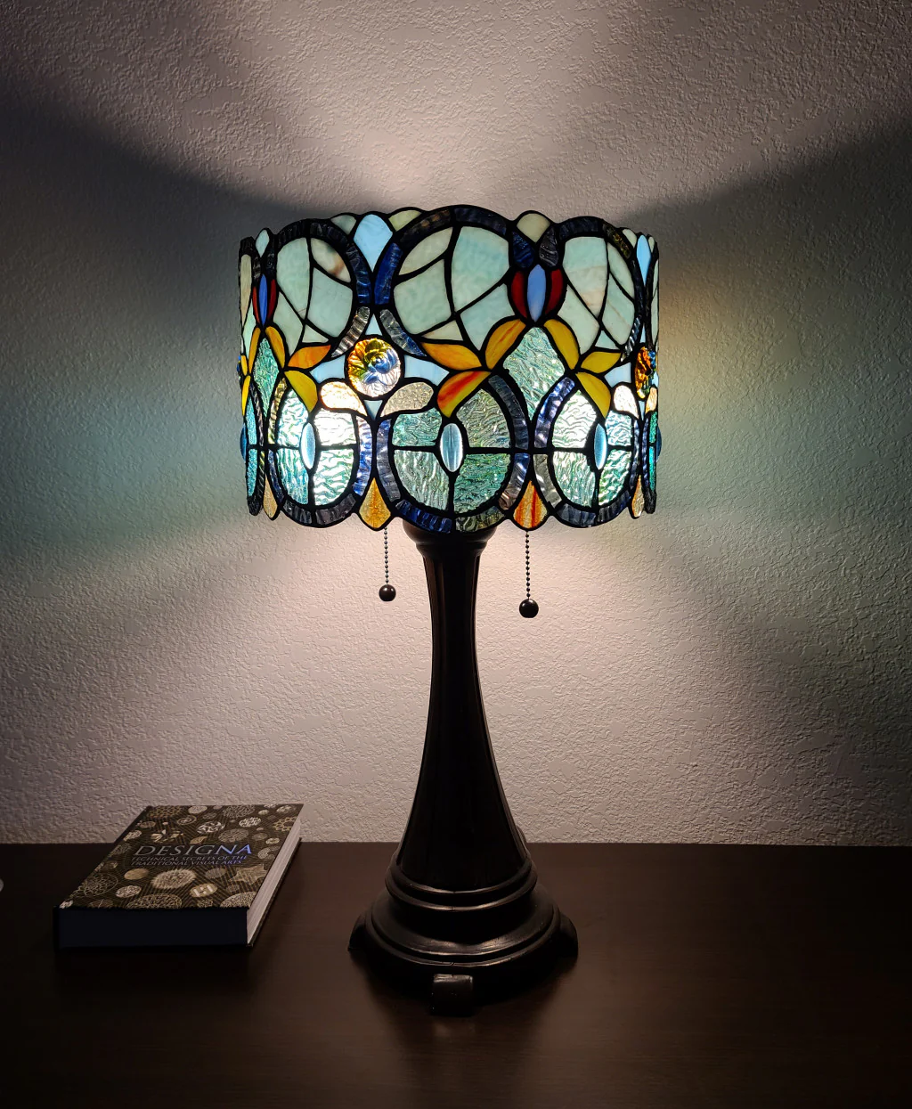 21" Stained Glass Two Light Jeweled Floral Drum Table Lamp By Homeroots