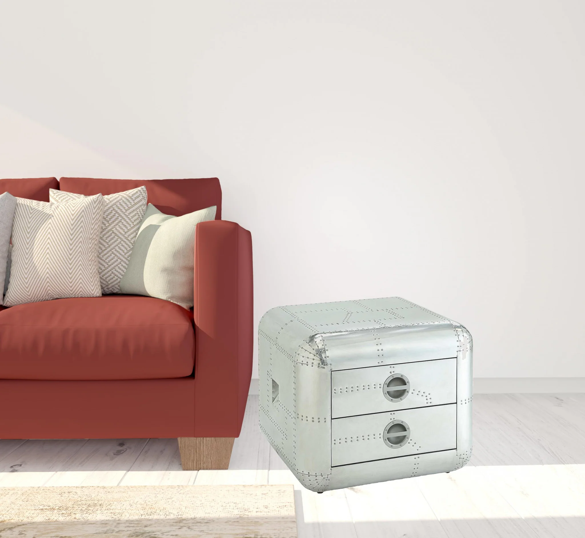 22" Silver Aluminum Aviator Trunk Style Square End Table With Two Drawers By Homeroots