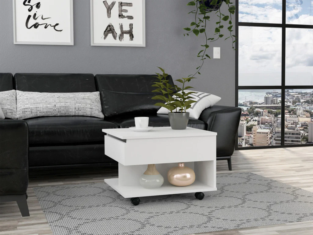 22" White Manufactured Wood Rectangular Lift Top Coffee Table With Drawer By Homeroots
