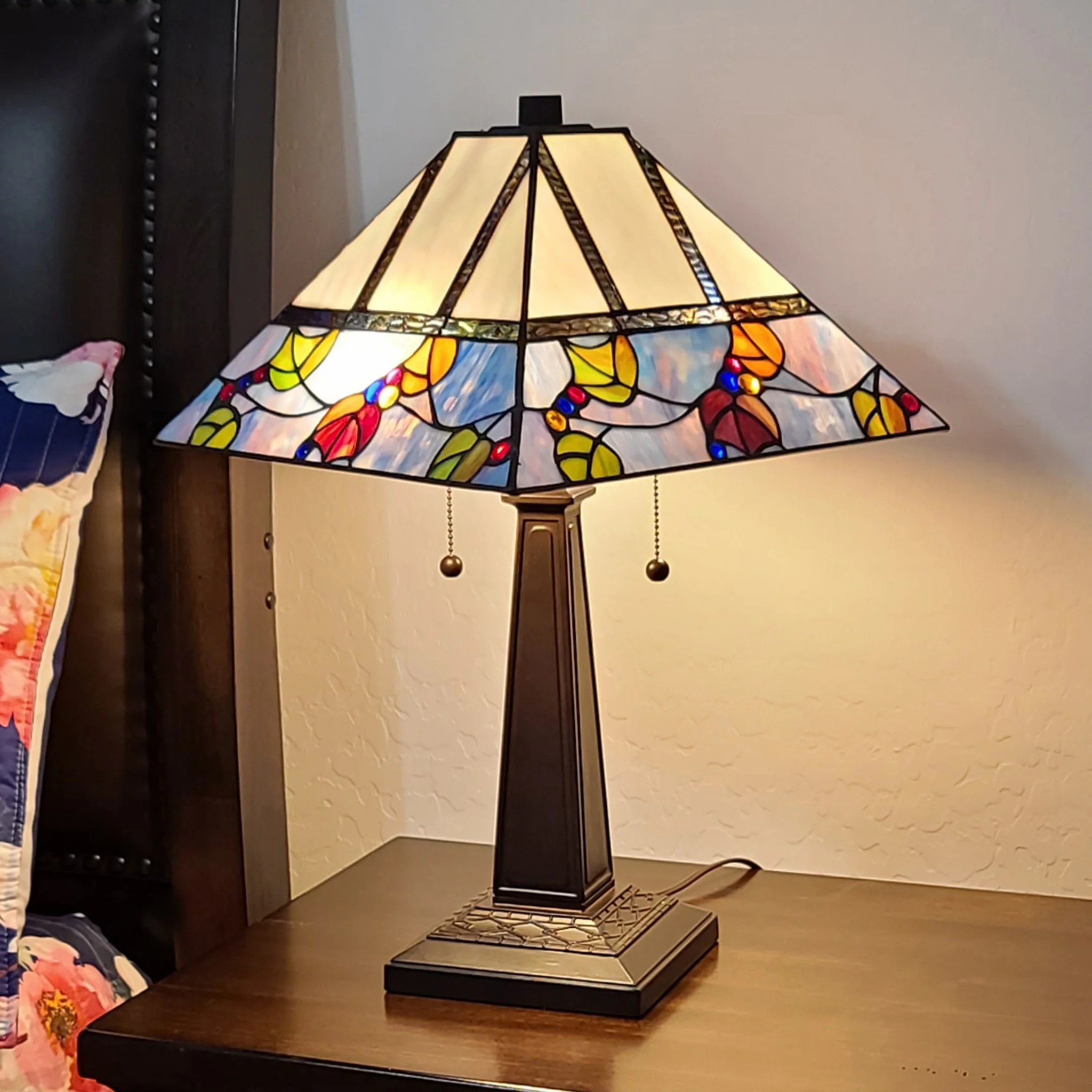 23" Cream and Blue Stained Glass Two Light Mission Style Table Lamp By Homeroots
