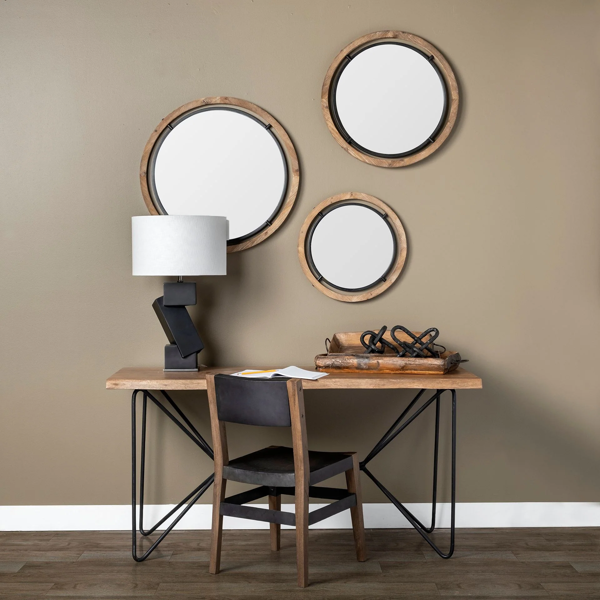 24" Brown Wood and Black Metal Double Frame Wall Mirror By Homeroots