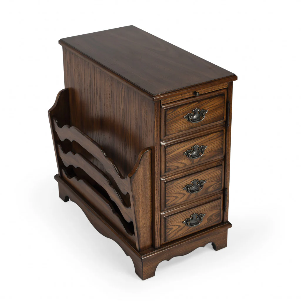 24" Cherry Brown End Table With Drawers And Magazine Rack By Homeroots