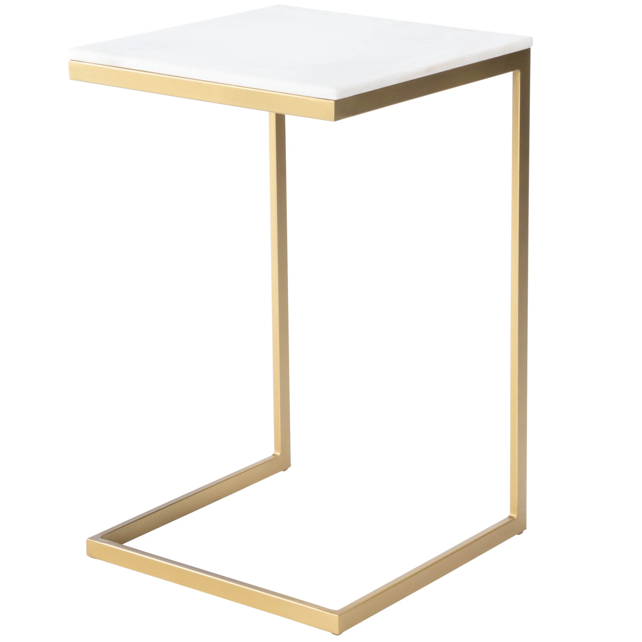 26" Antique Gold and White Marble Square C Shape End Table By Homeroots