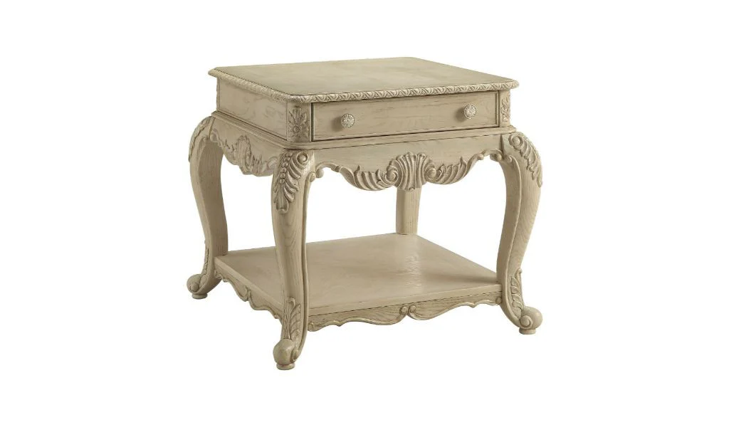 26" Antique White Manufactured Wood And Polyresin Rectangular End Table With Drawer And Shelf By Homeroots