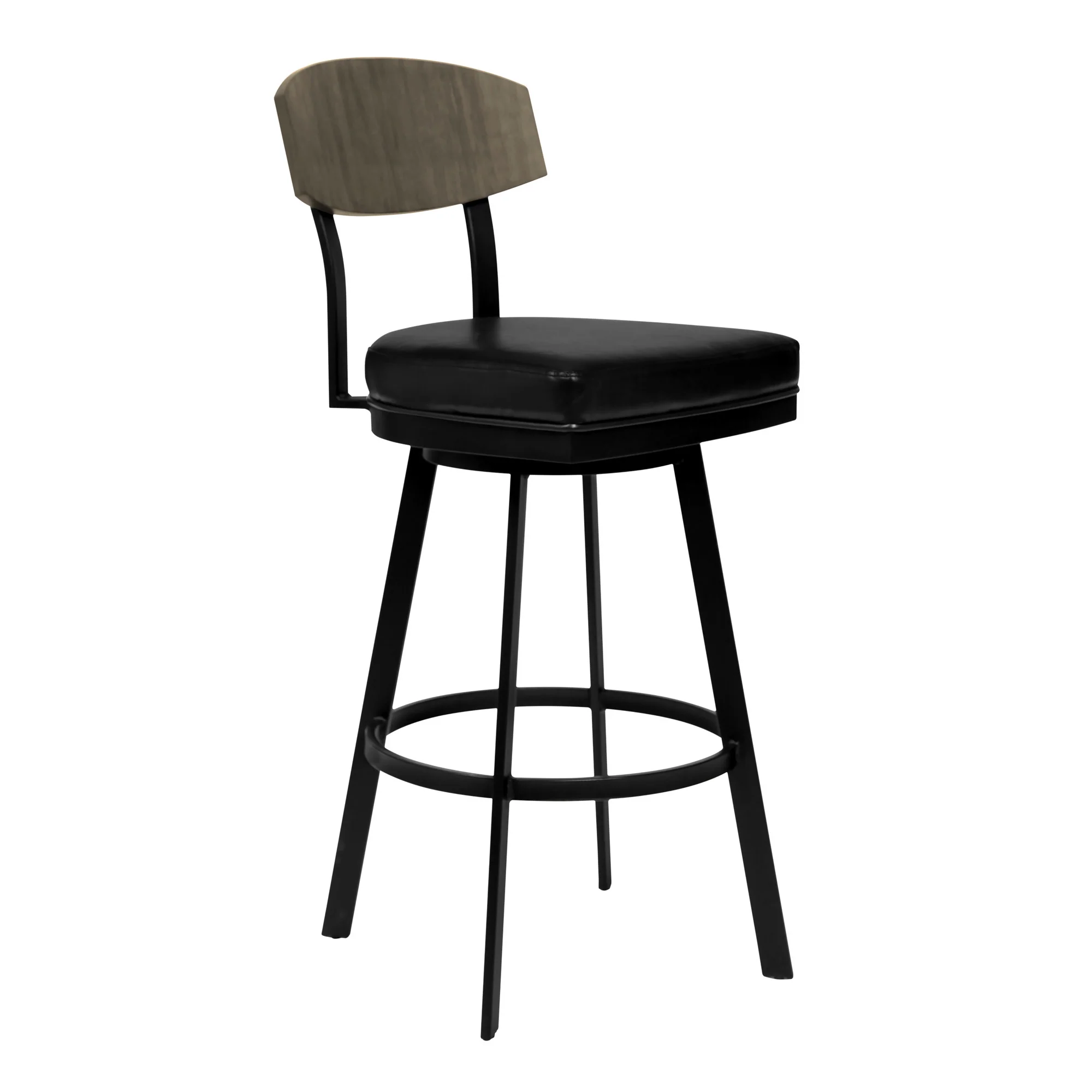 26" Black Faux Leather Black Metal and Gray Walnut Open Back Swivel Bar Stool By Homeroots - Image 2