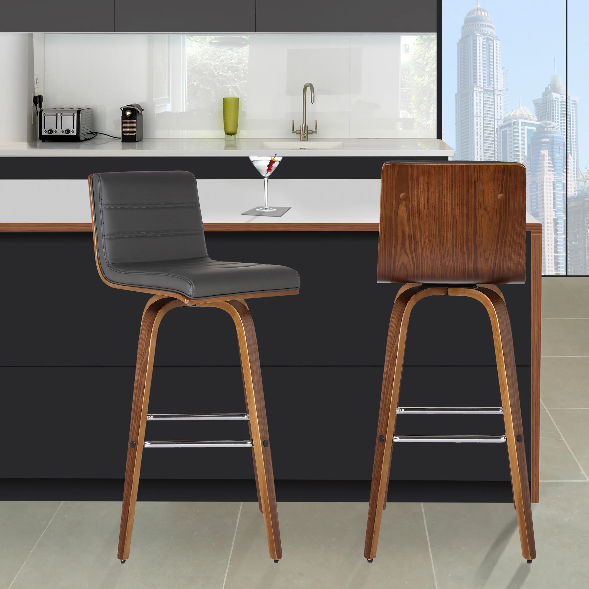 26” Gray Faux Leather Wooden Swivel Bar Stool By Homeroots