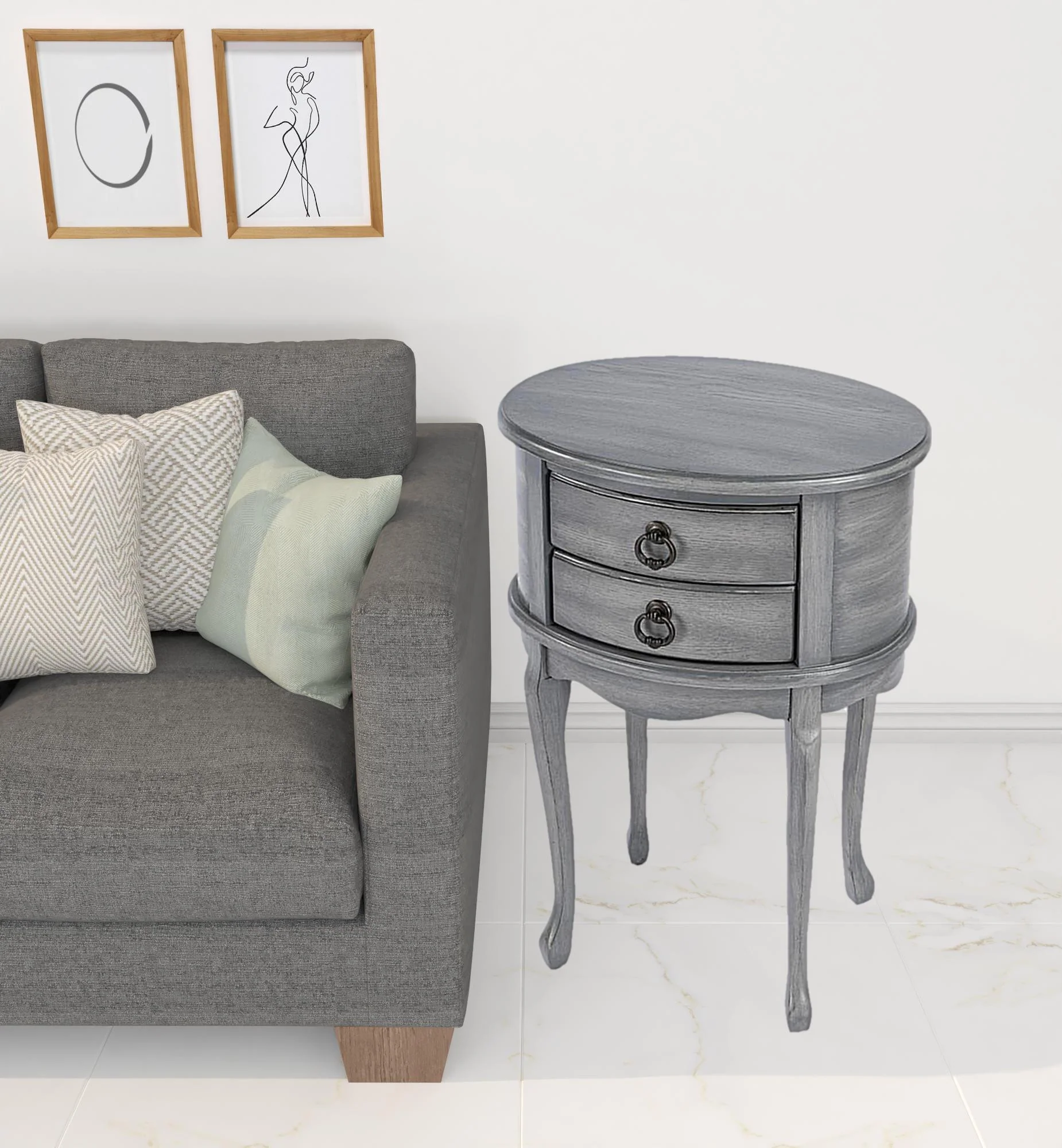 26" Grey And Gray Manufactured Wood Oval End Table With Two Drawers By Homeroots