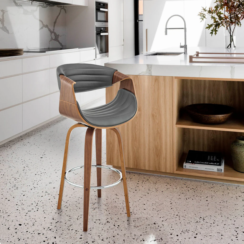 26" Grey Faux Leather and Walnut Wood Retro Chic Counter Stool By Homeroots