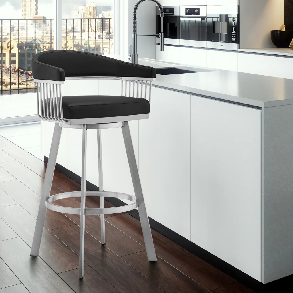 26" Mod Black Faux Leather Brushed Silver Finish Swivel Bar Stool By Homeroots