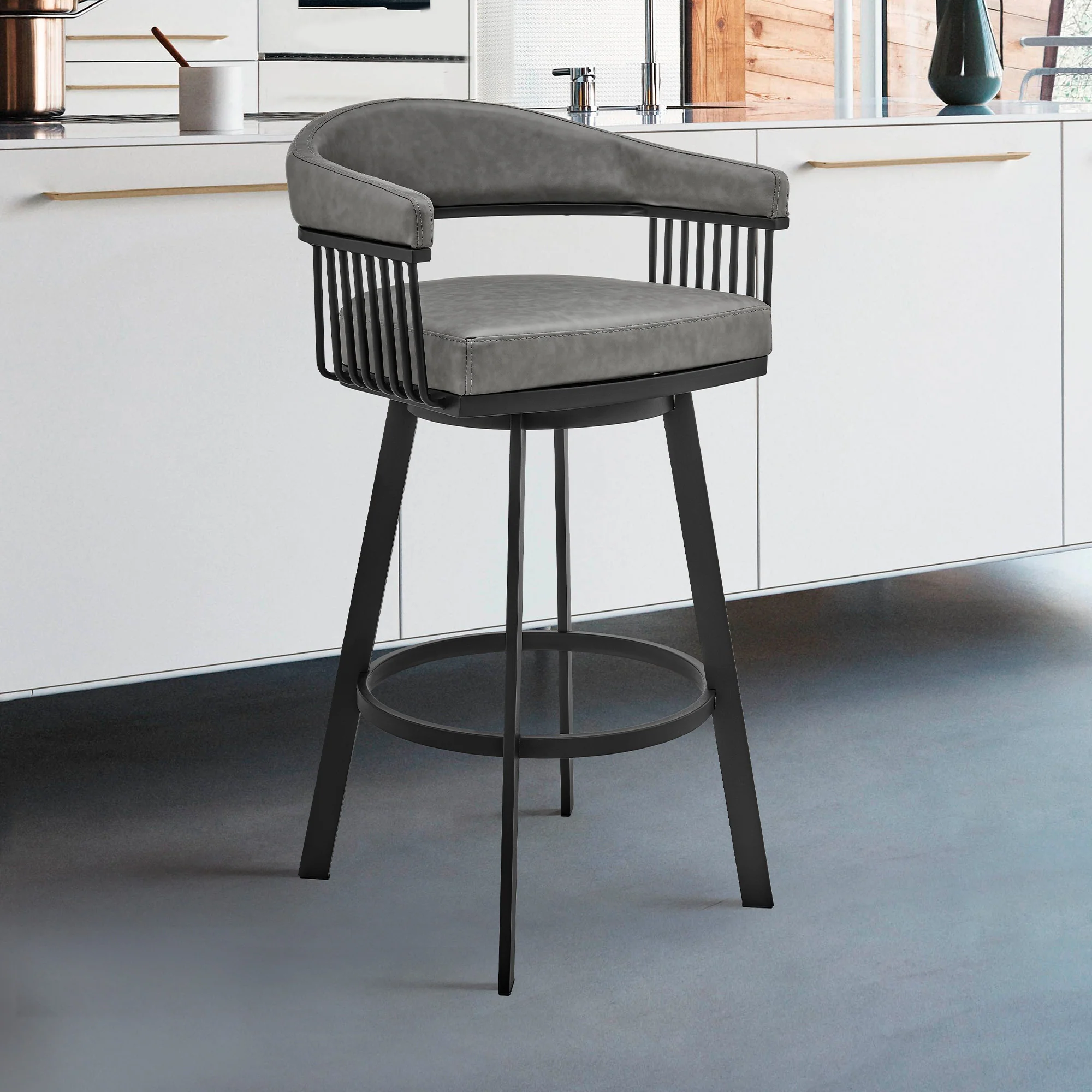 26" Mod Grey Faux Leather Black Finish Swivel Bar Stool By Homeroots