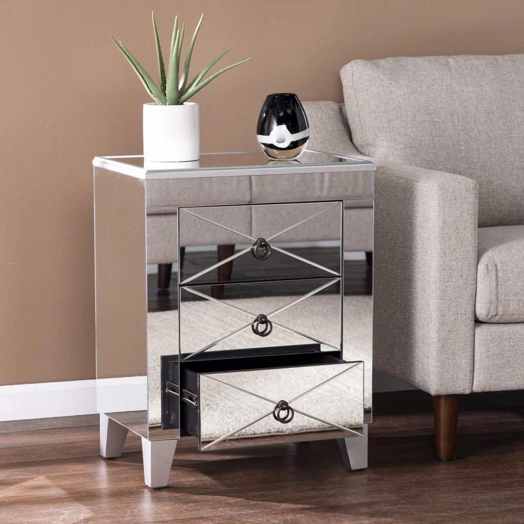 26" Silver Manufactured Wood And Iron Rectangular Mirrored End Table With Three Drawers And By Homeroots