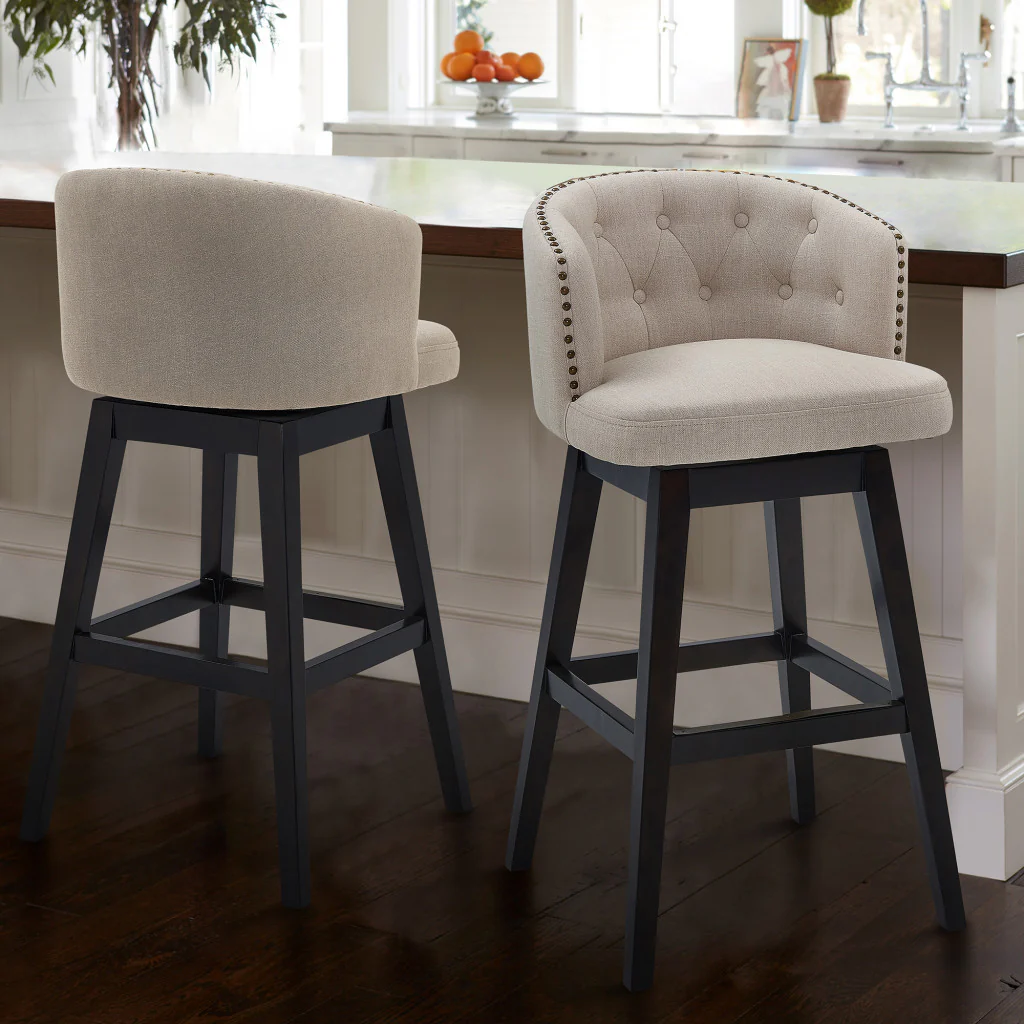 26" Tan Tufted Fabric and Dark Espresso Wood Swivel Bar Stool By Homeroots