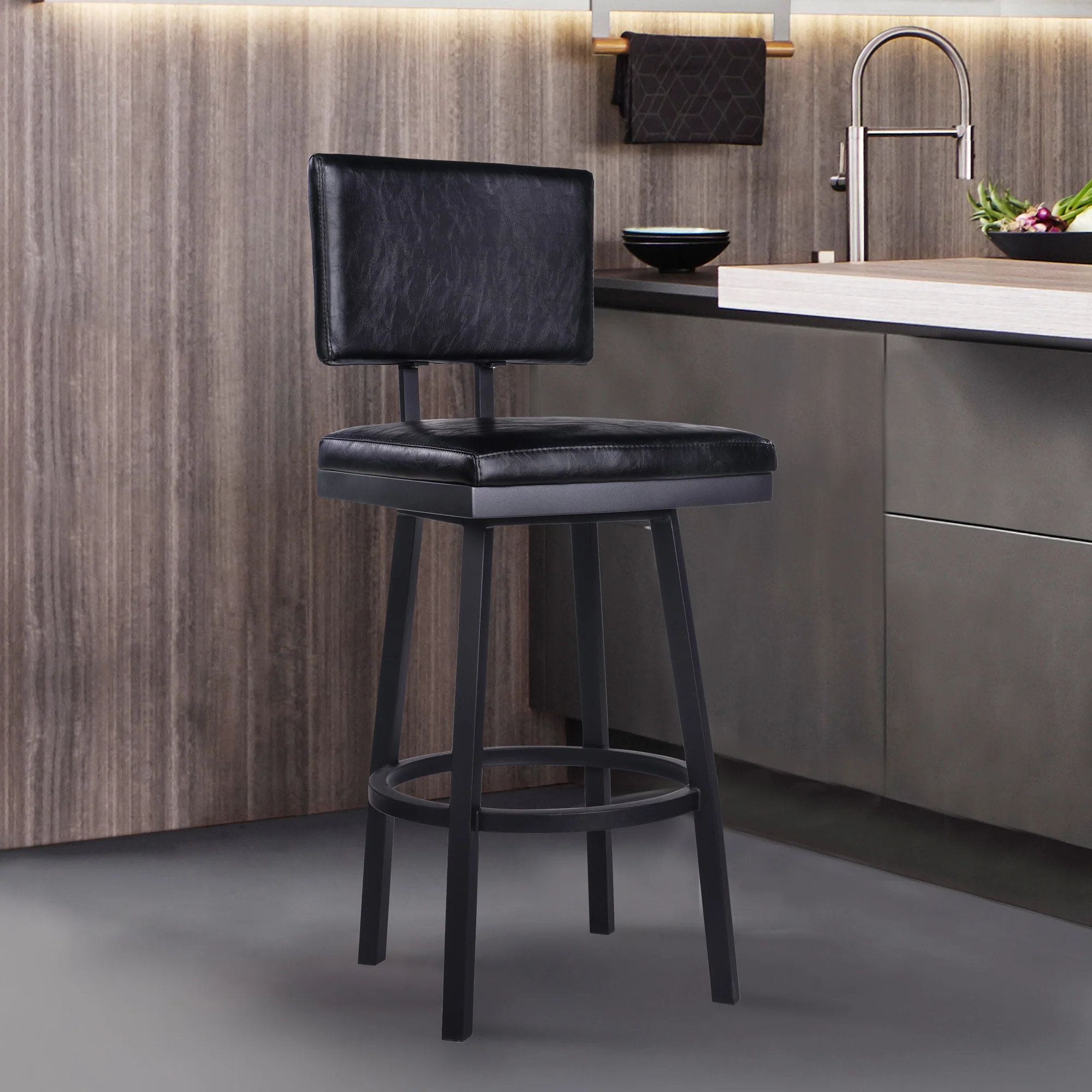 26" Vintage Black on Black Faux Leather Rectangular Swivel Armless Bar Stool By Homeroots