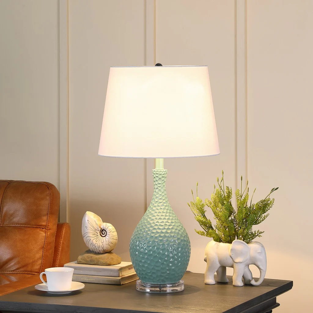 28" Aqua Hammered Urn Table Lamp With White Tapered Drum Shade By Homeroots