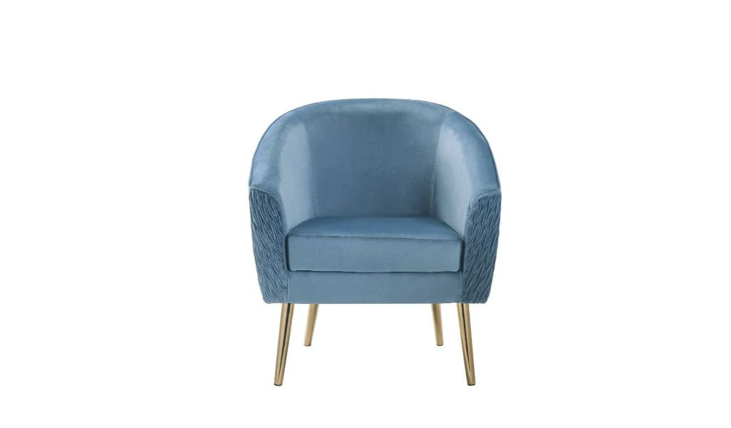 28" Blue Velvet And Gold Ikat Barrel Chair By Homeroots