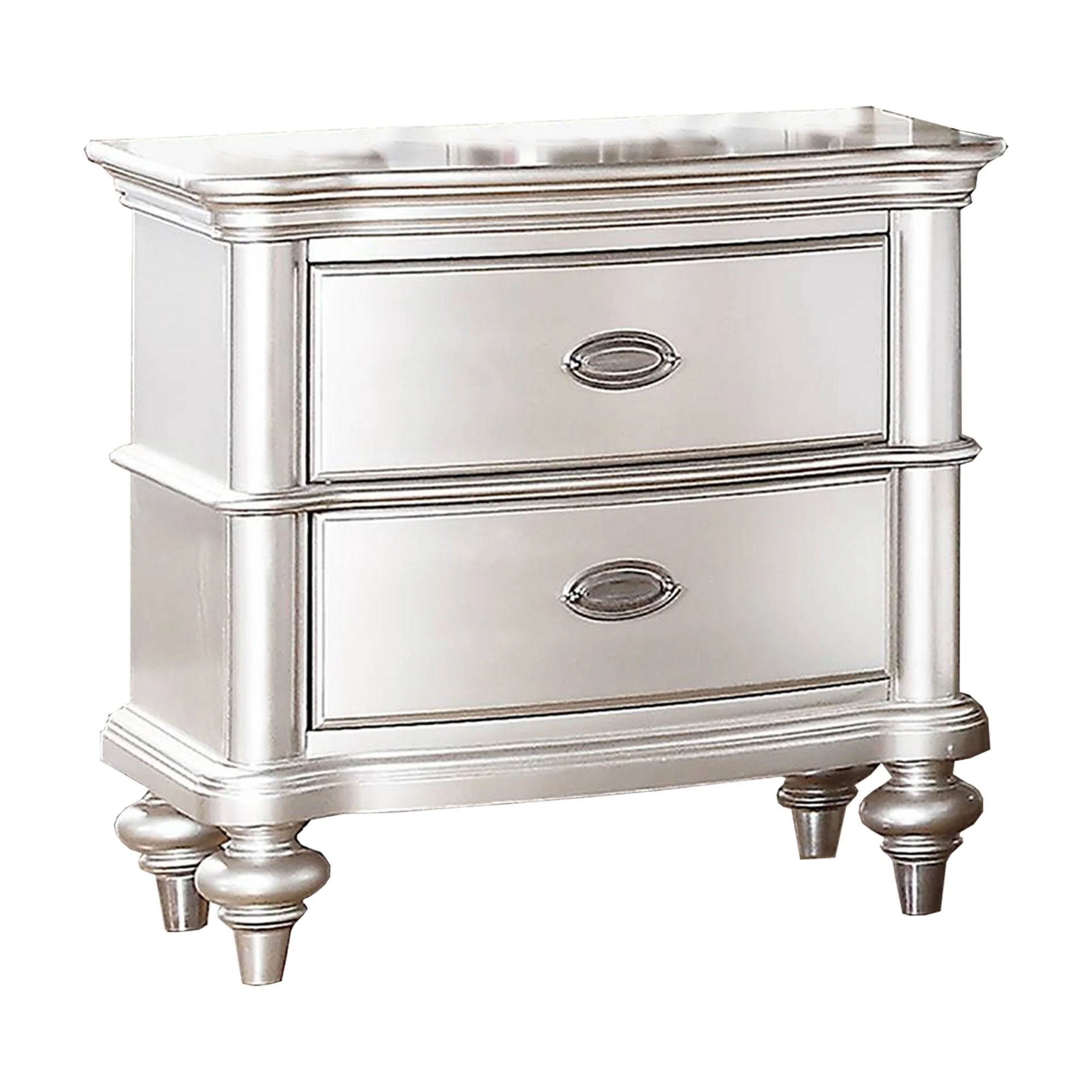 28 Inches 2 Drawer Wooden Nightstand With Turned Legs Silver By Benzara