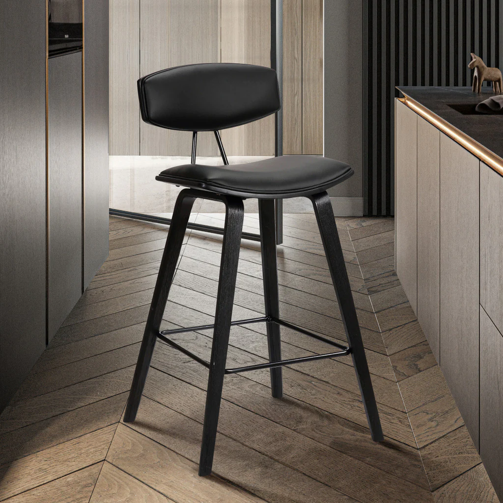 29” Black Faux Leather Mid Century Modern Bar Stool By Homeroots