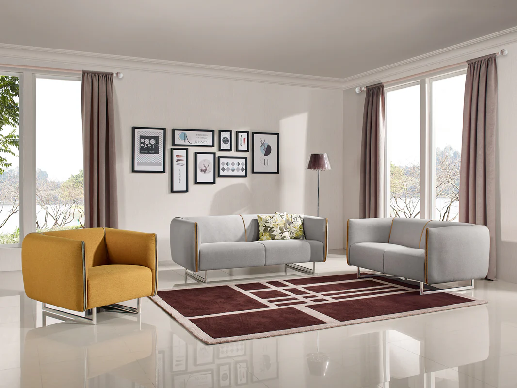 29" Grey and Yellow Fabric Foam Metal and Wood Sofa Set By Homeroots