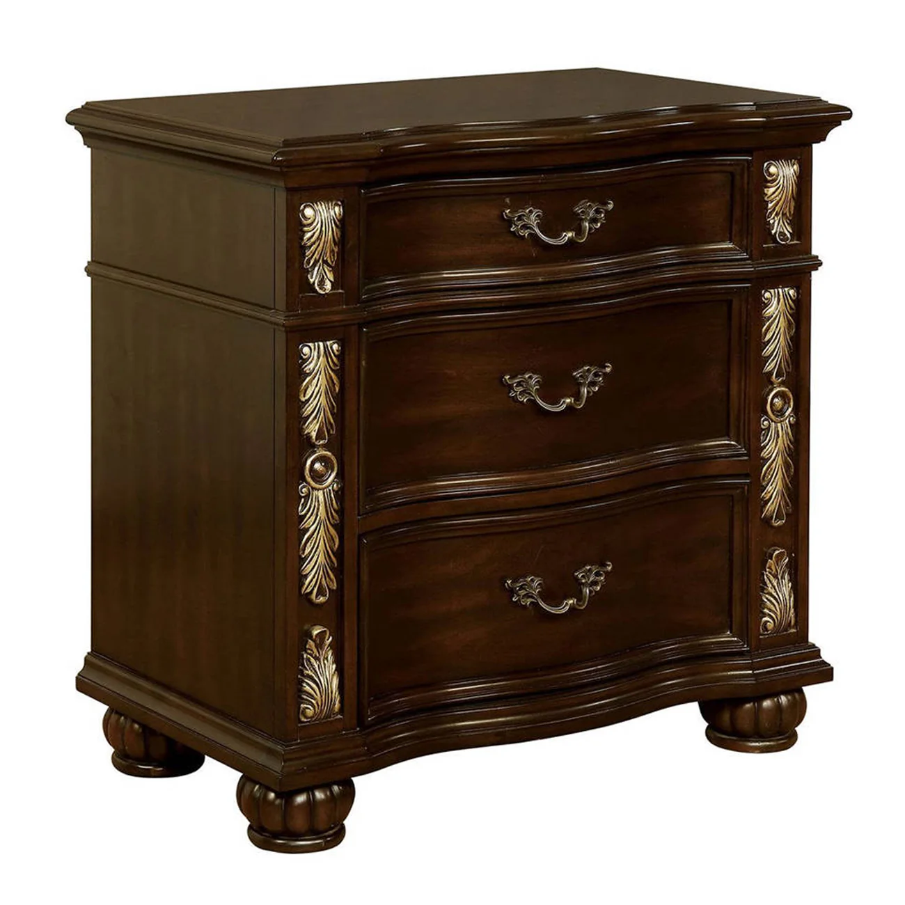 3 Drawer Wooden Nightstand With Decorative Accent And Usb Plugin Brown By Benzara
