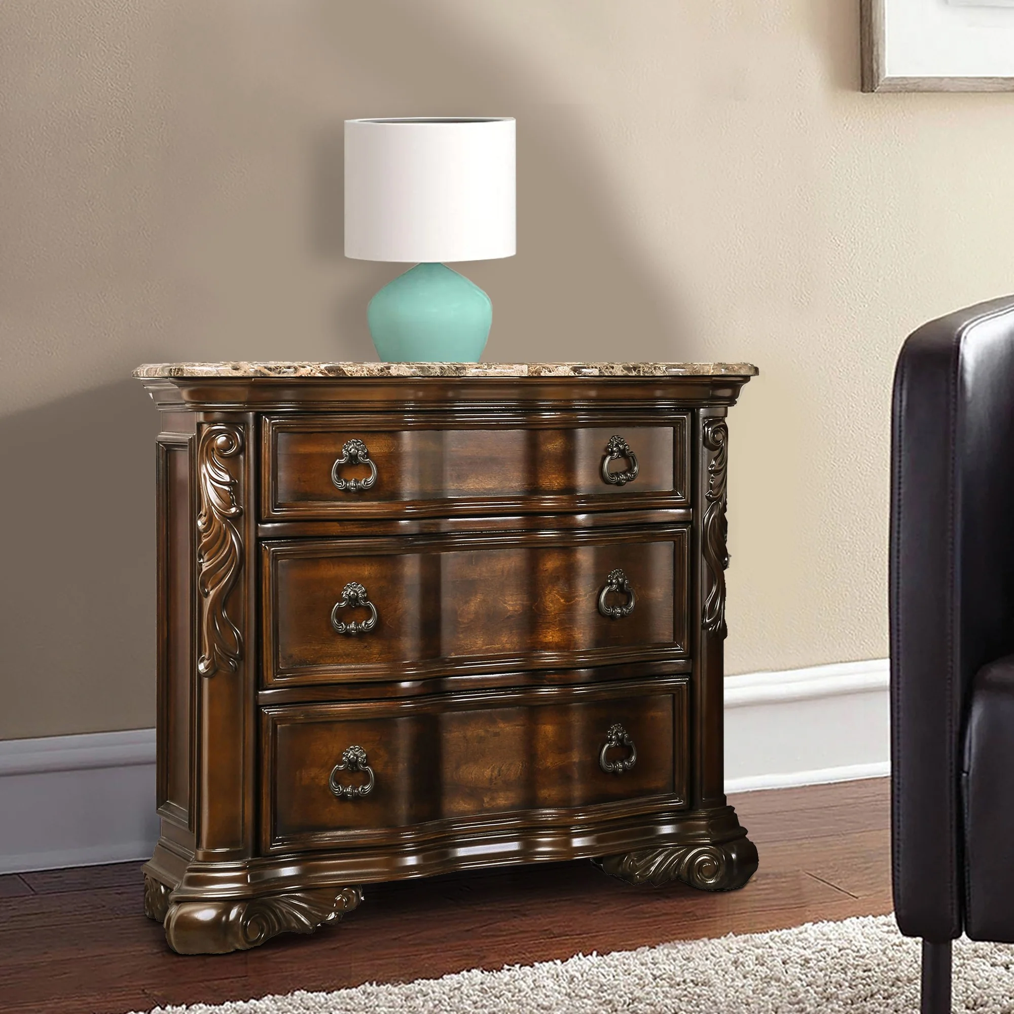 3 Drawer Wooden Nightstand with Marble Top and Scrolled Legs, Brown By Benzara