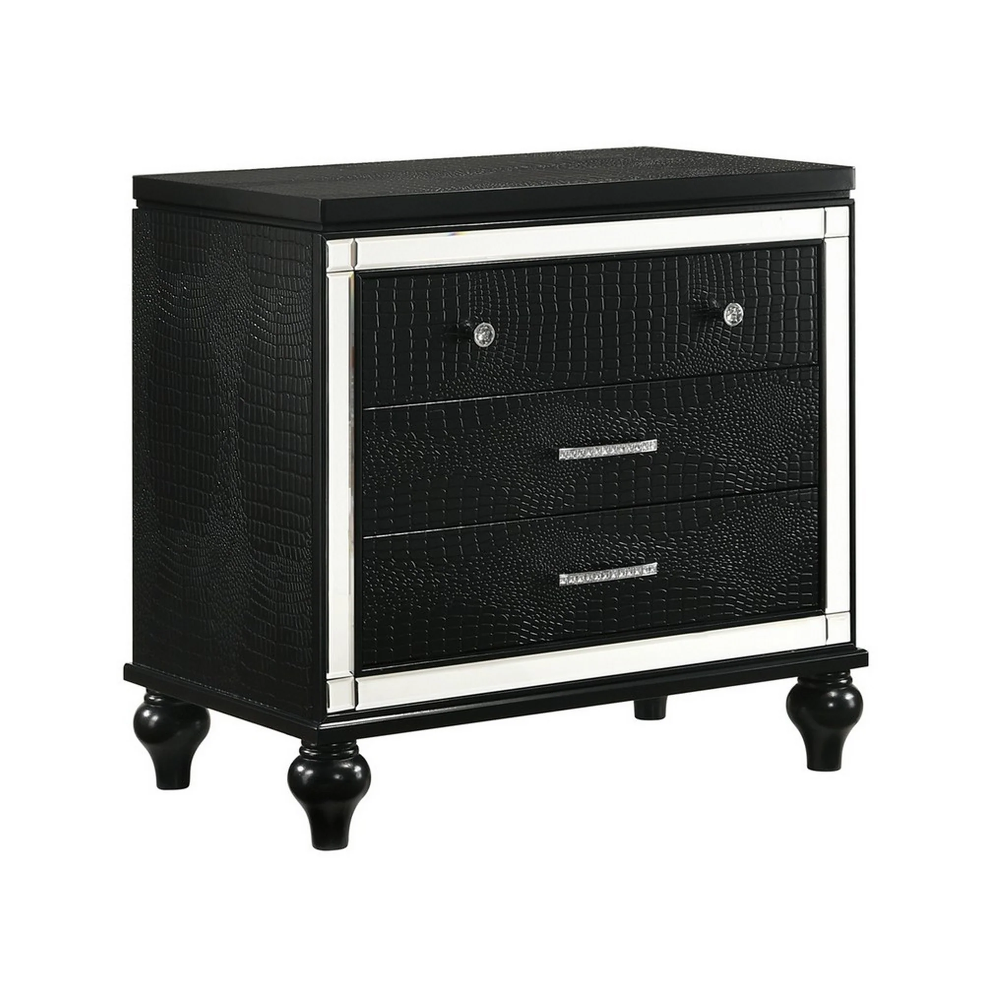 3 Drawer Wooden Nightstand With Mirror Accents And Faux Crystal Pulls,Black By Benzara