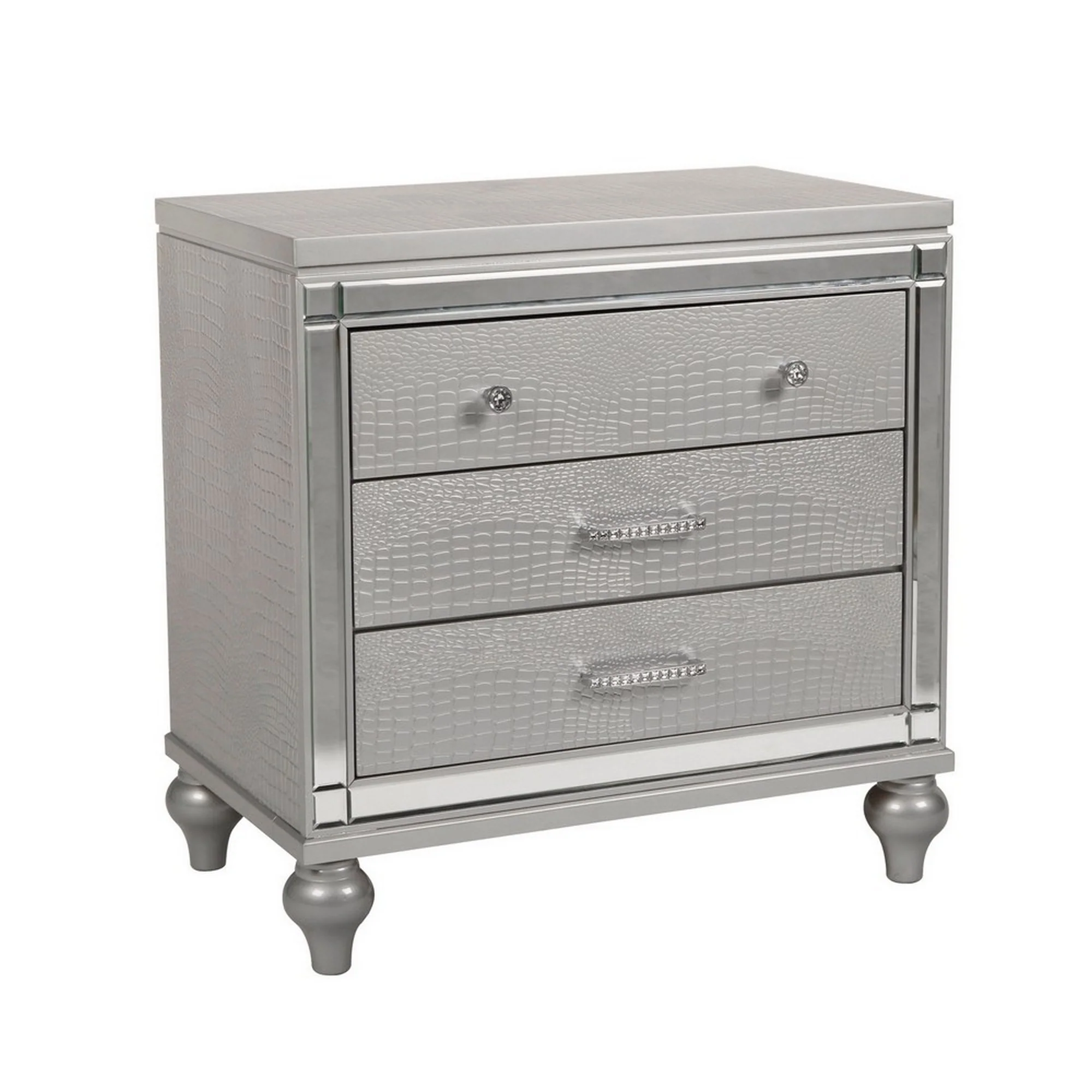 3 Drawer Wooden Nightstand With Mirror Accents And Faux Crystal Pulls, Gray By Benzara
