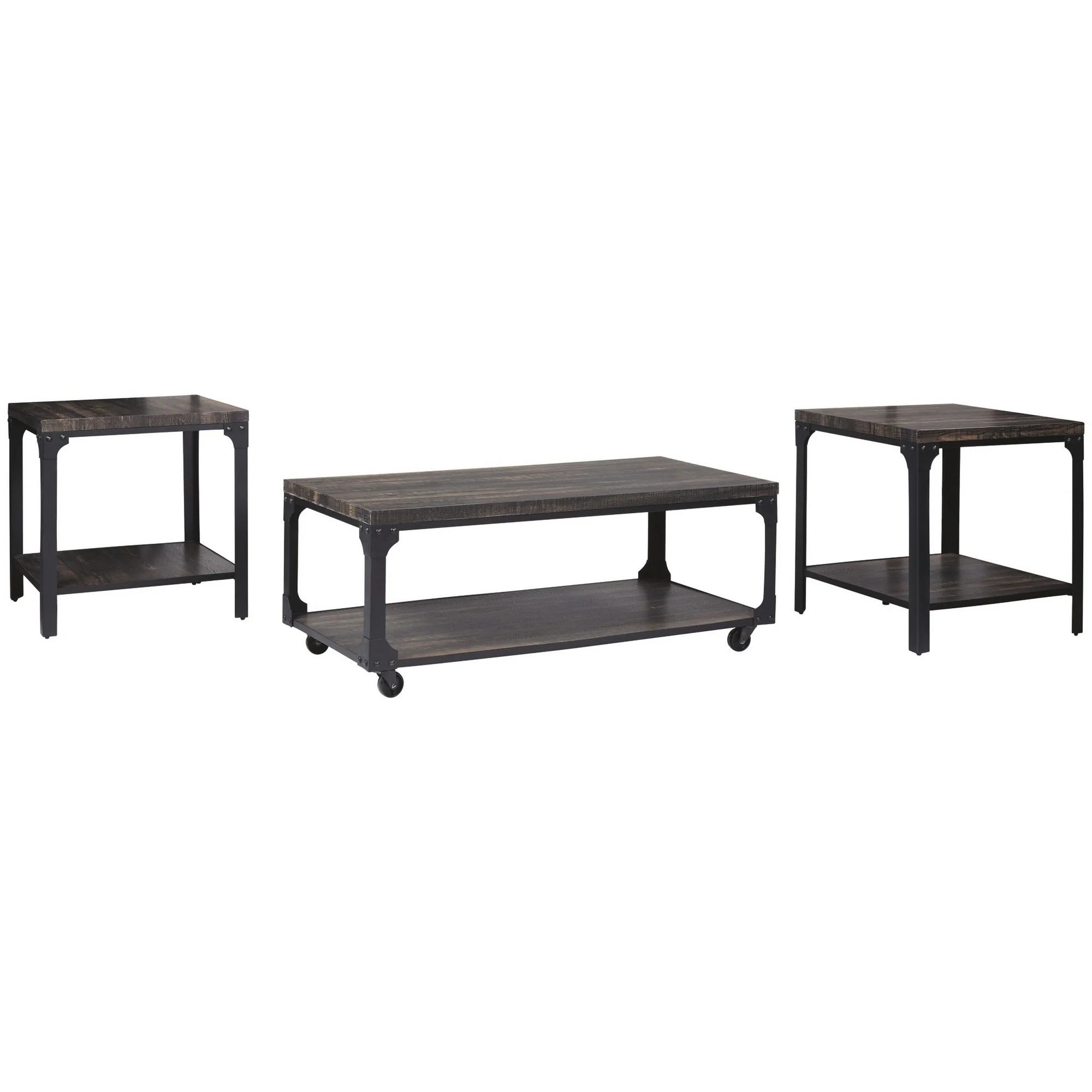 3 Piece Metal Frame Occasional Table Set With Rivets Brown And Black By Benzara