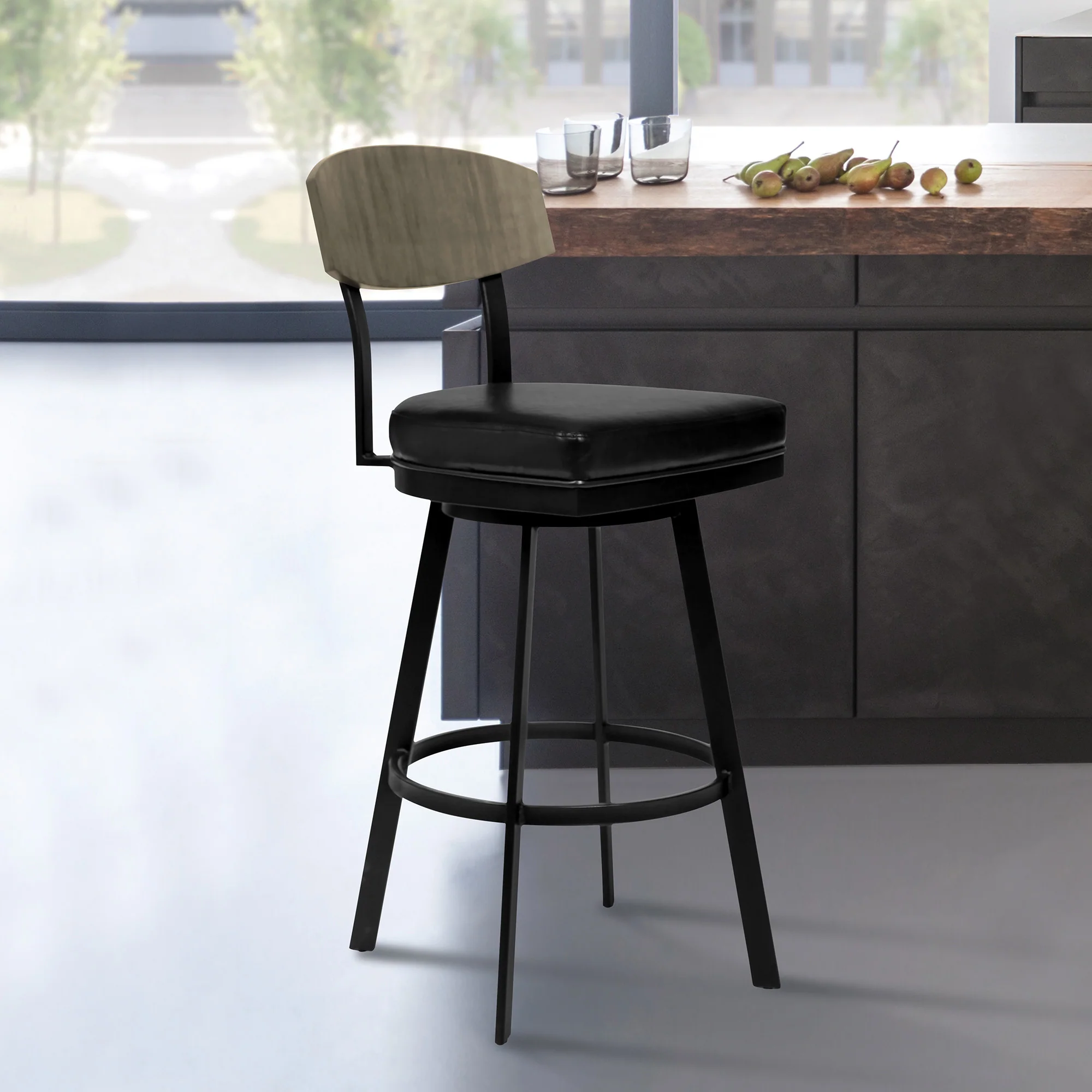 30" Black Faux Leather Black Metal and Gray Walnut Open Back Swivel Bar Stool By Homeroots