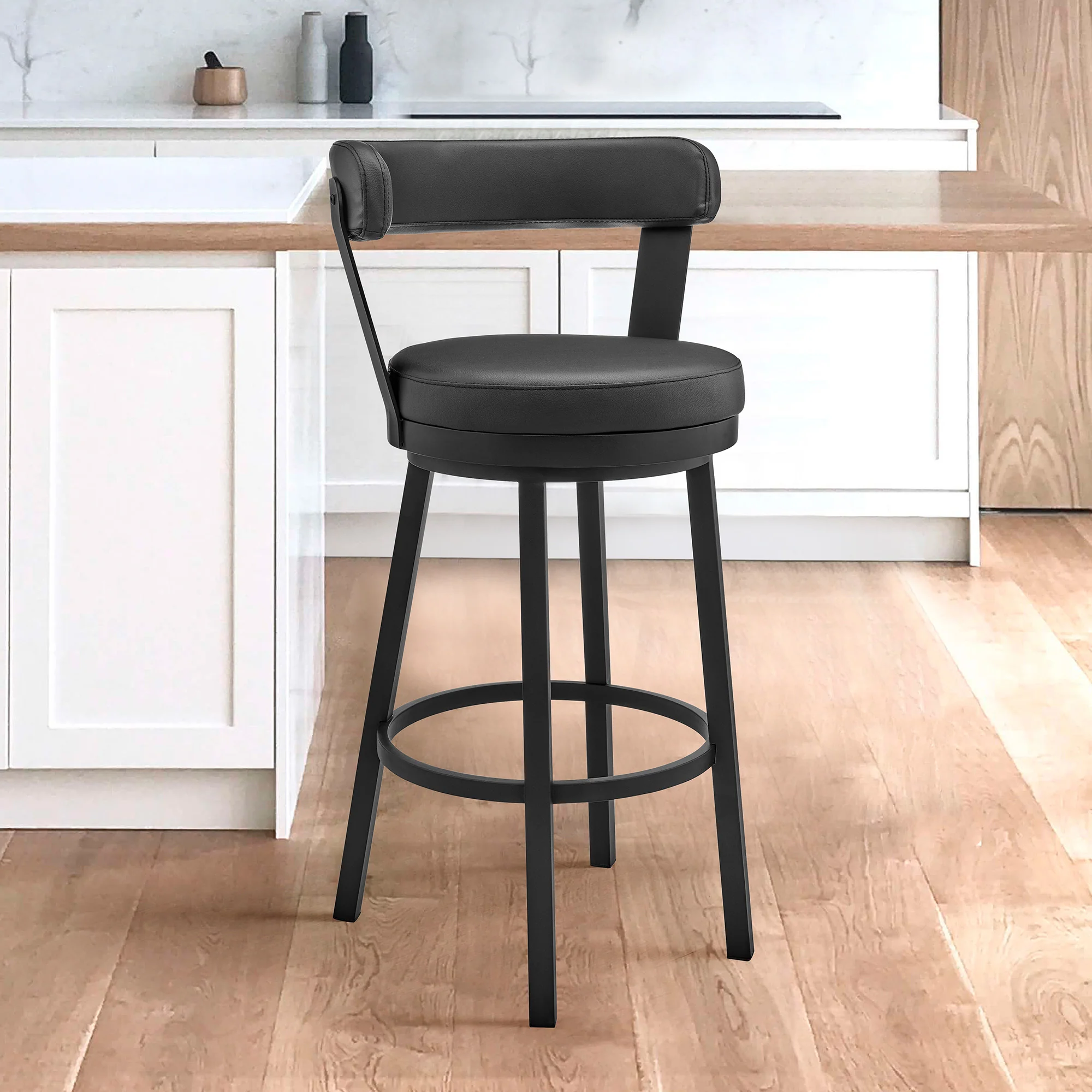 30" Chic Black Faux Leather with Black Finish Swivel Bar Stool By Homeroots