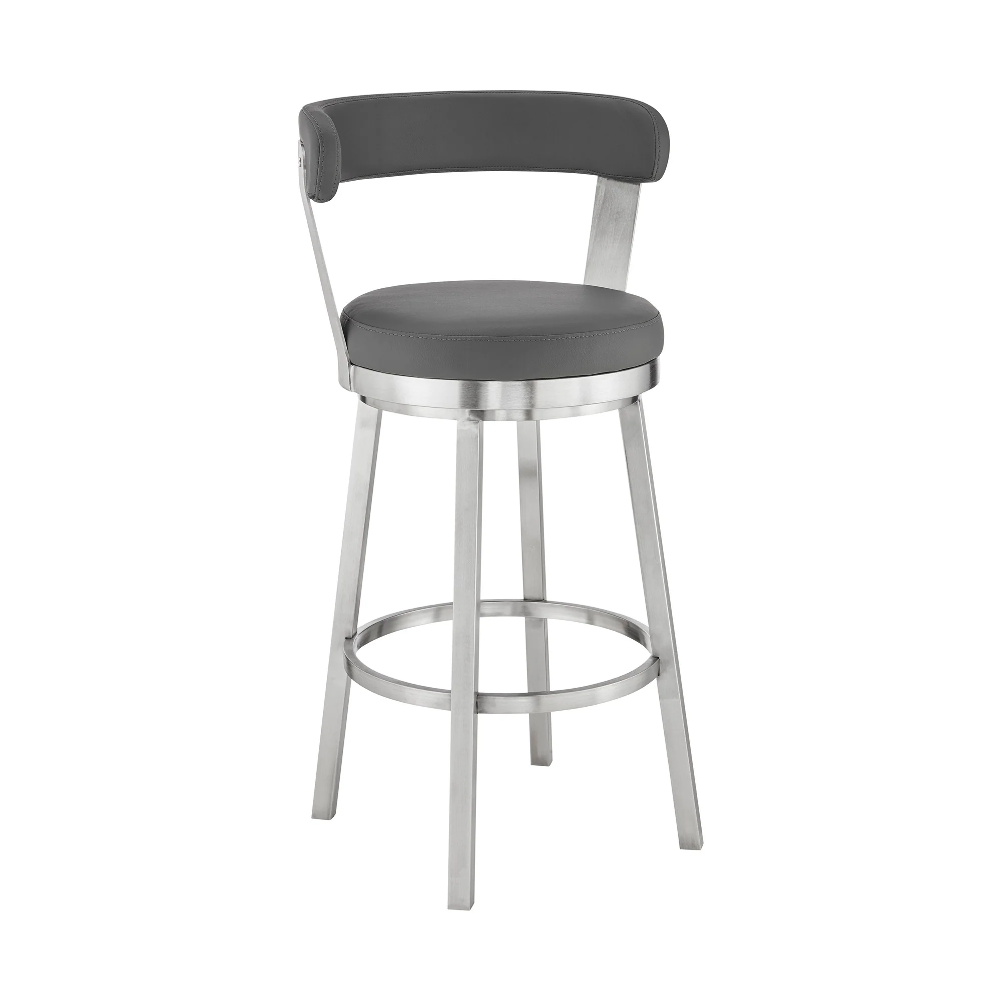 30" Chic Grey Faux Leather with Stainless Steel Finish Swivel Bar Stool By Homeroots