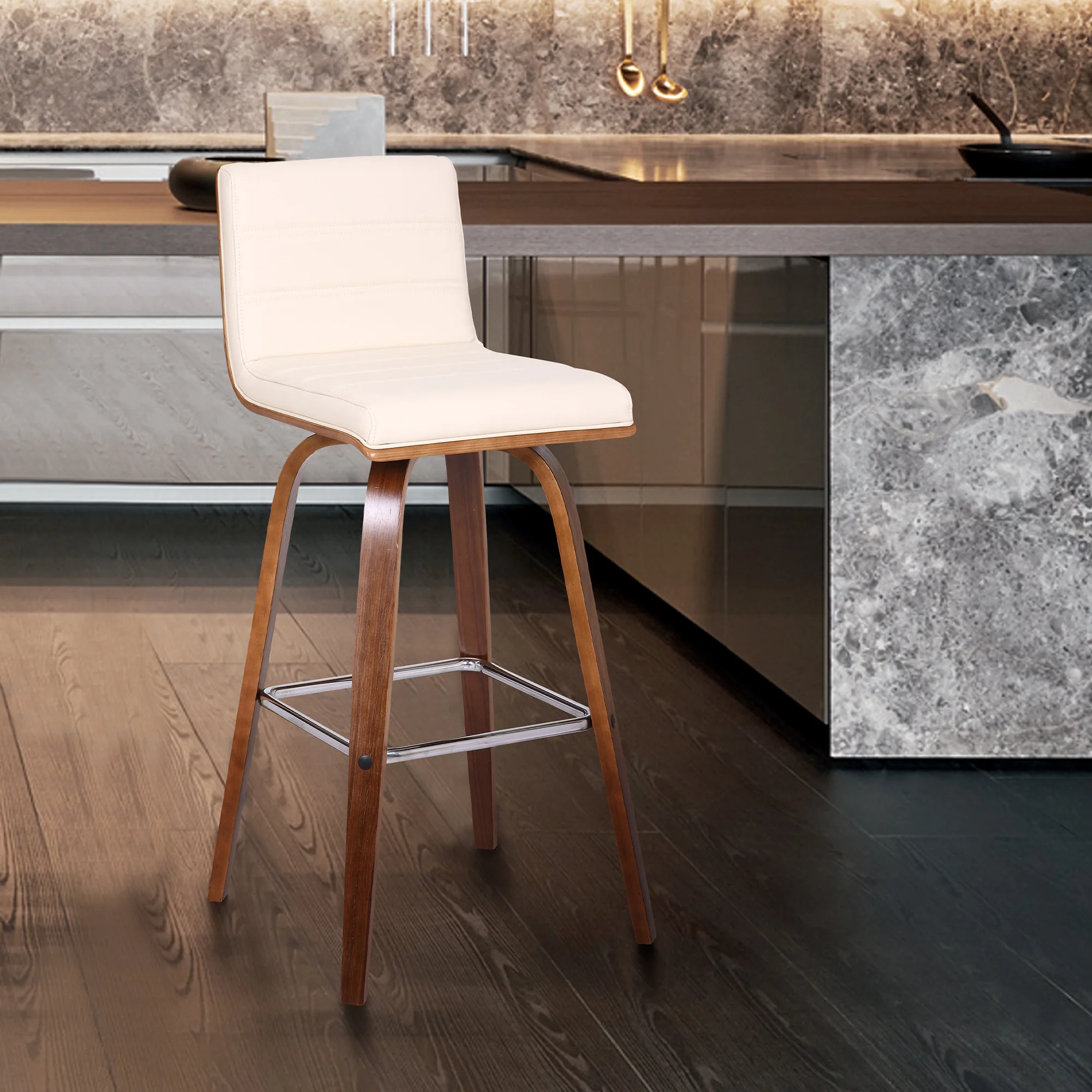 30” Cream Faux Leather Wooden Swivel Bar Stool By Homeroots