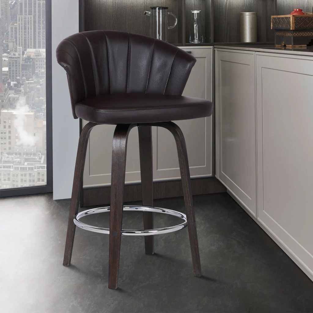 30" Dark Brown Faux Leather and Rustic Wood Back Swivel Bar Stool By Homeroots