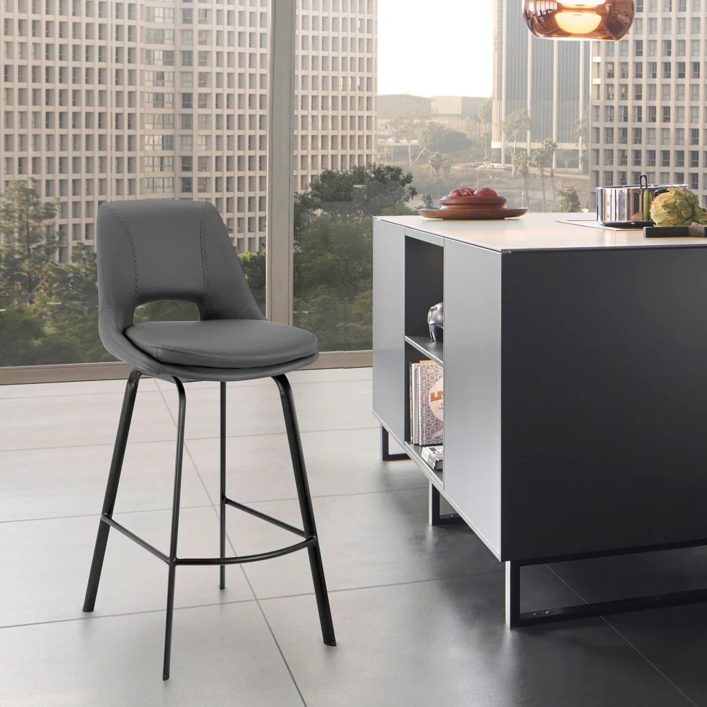 30" Elegant Grey Faux Leather and Black Metal Armless Swivel Bar Stool By Homeroots