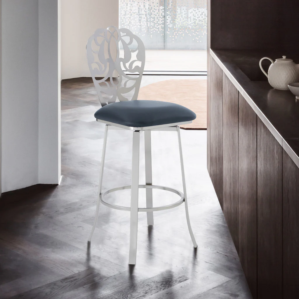 30" Grey Faux Leather Scroll Brushed Stainless Steel Swivel Bar Stool By Homeroots