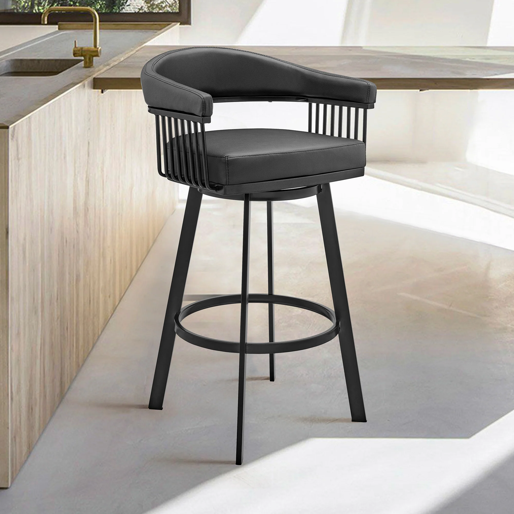 30" Mod Black Faux Leather Black Finish Swivel Bar Stool By Homeroots