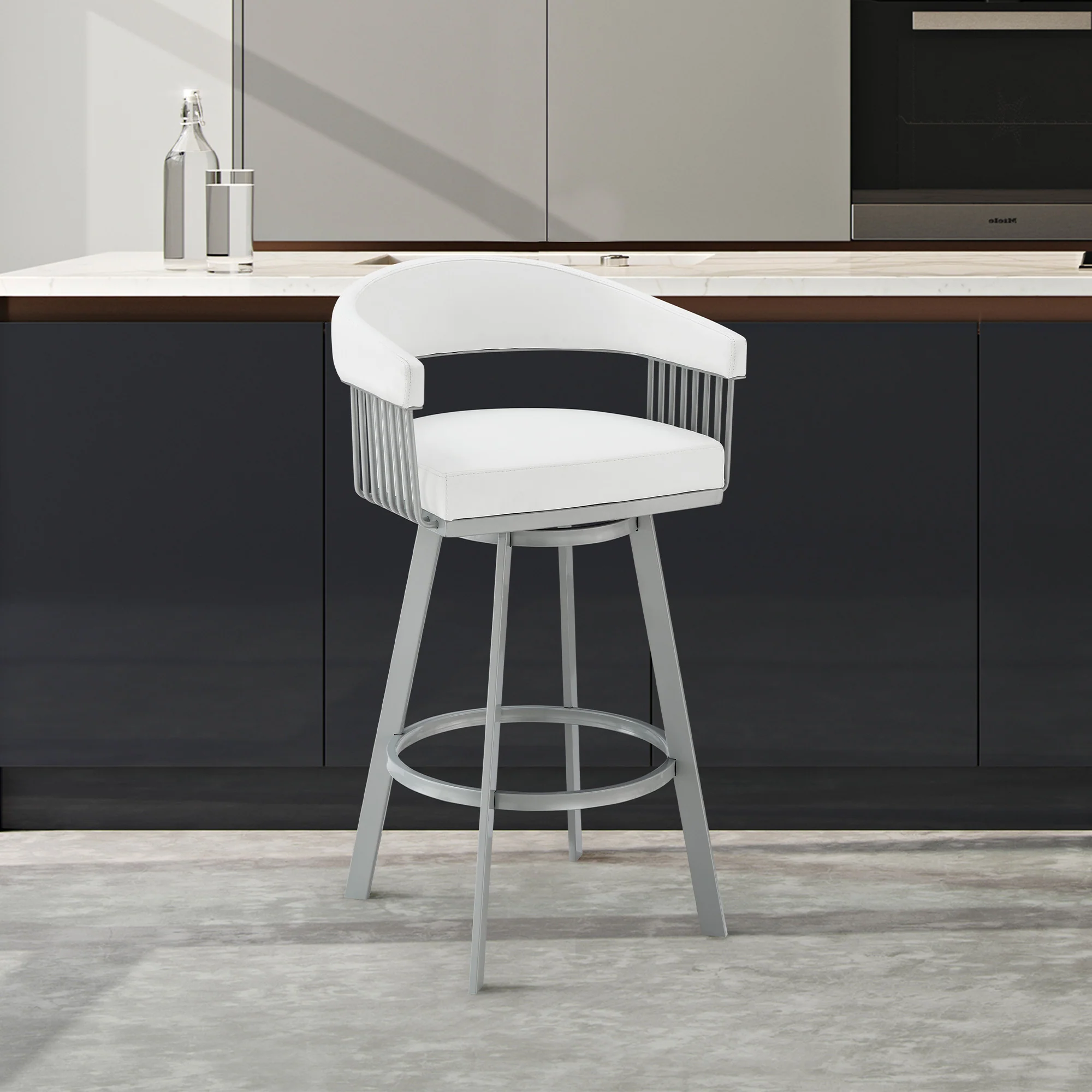 30" Mod White Faux Leather Silver Finish Swivel Bar Stool By Homeroots