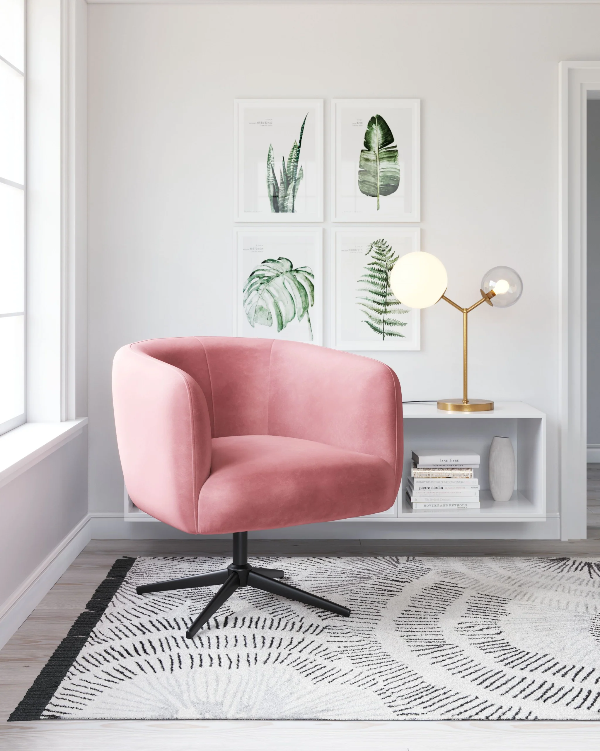 30" Pink And Black Velvet Swivel Barrel Chair By Homeroots