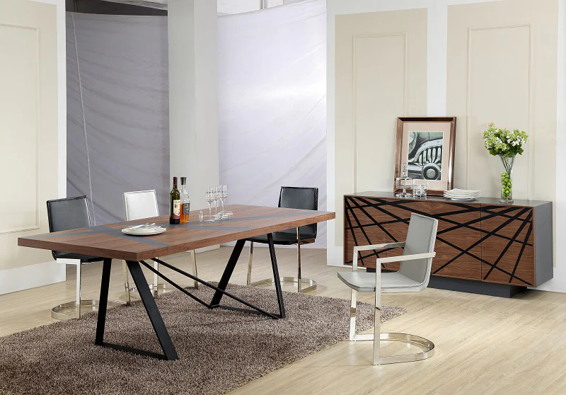 30' Walnut Veneer And Grey Stainless Steel Dining Table By Homeroots