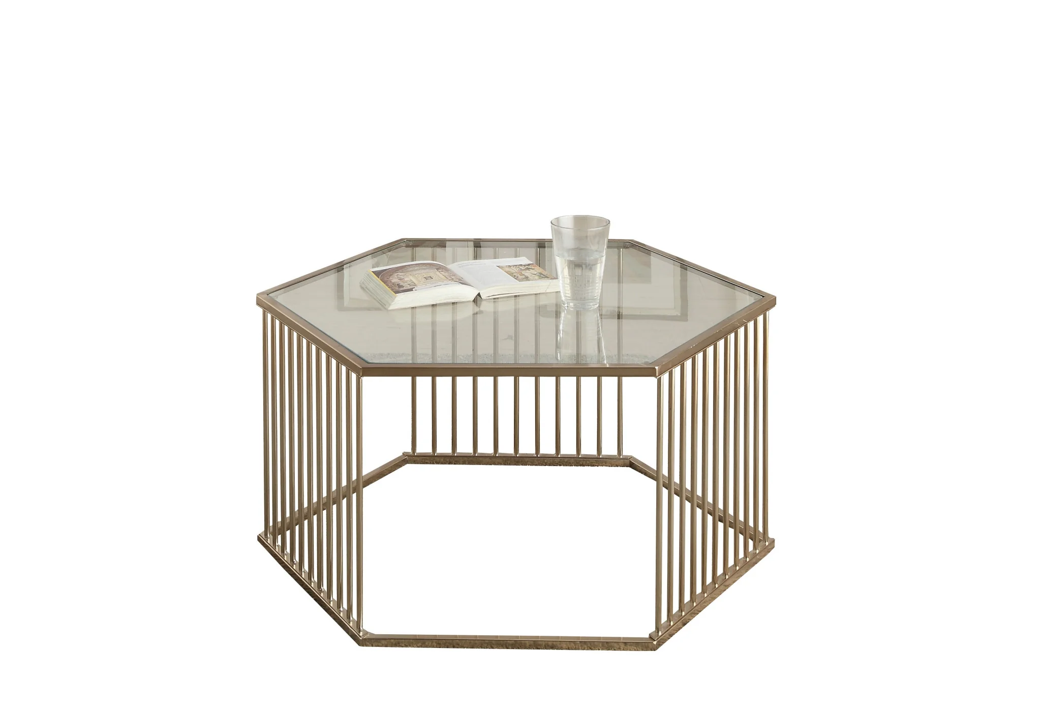 34" Champagne And Clear Glass And Metal Hexagon Coffee Table By Homeroots