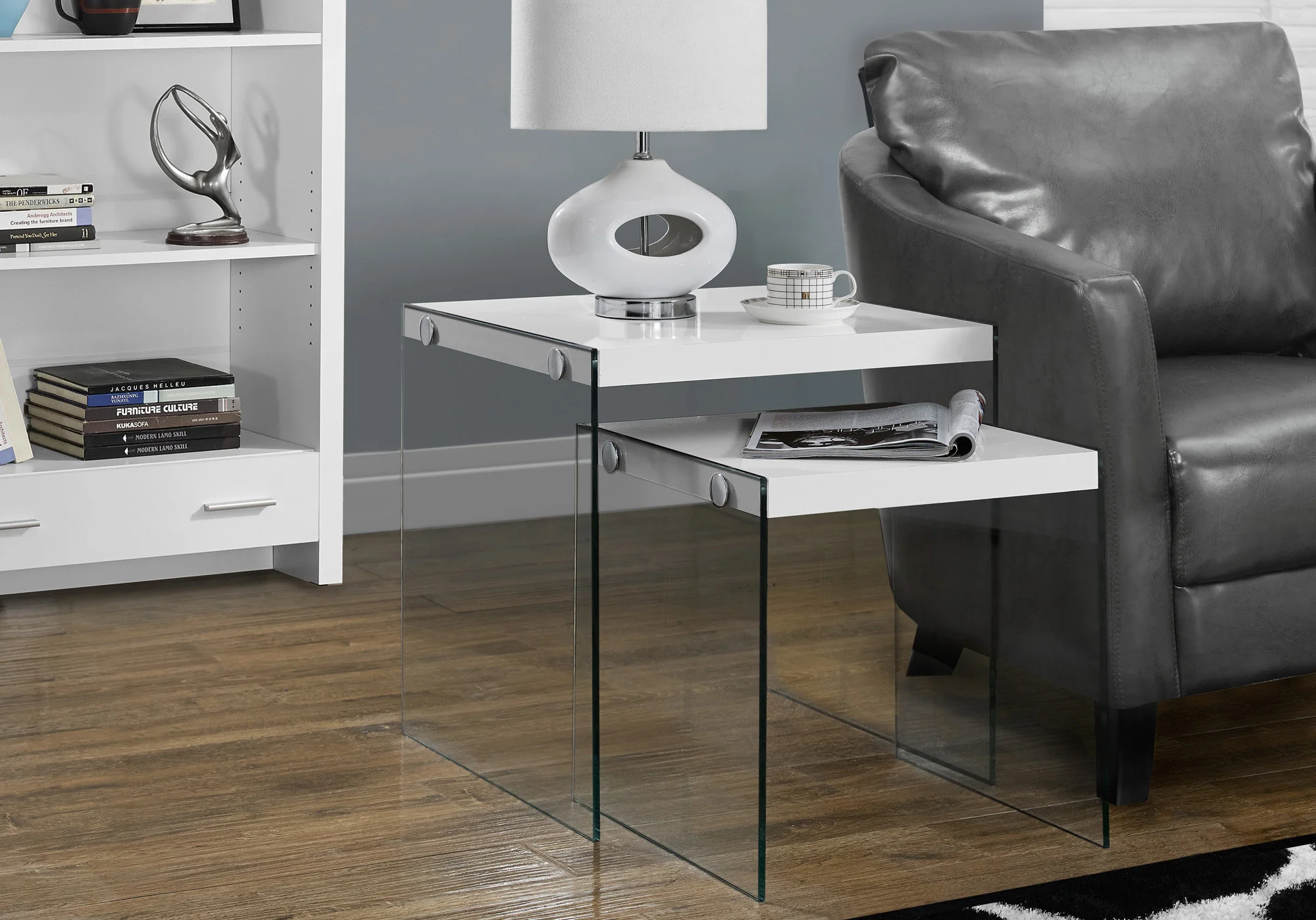35.5" Glossy White Particle Board and Clear Glass Two Pieces Nesting Table Set By Homeroots