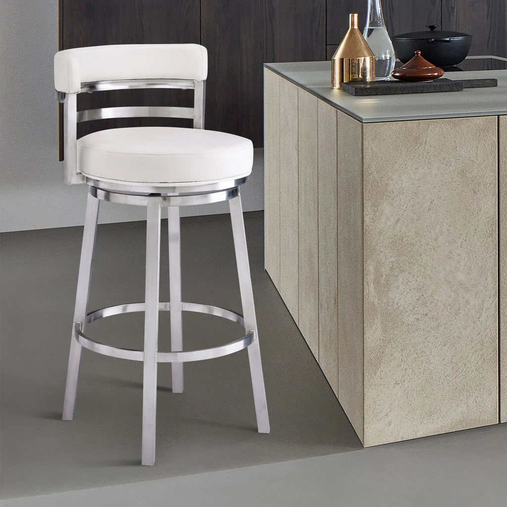 35" White And Silver Faux Leather And Iron Swivel Low Back Counter Height Bar Chair With Footrest By Homeroots