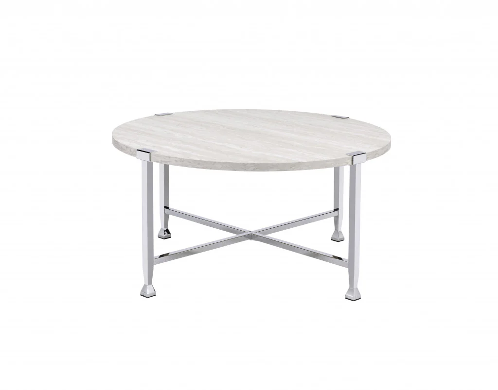 36" Chrome And White Oak Round Coffee Table By Homeroots
