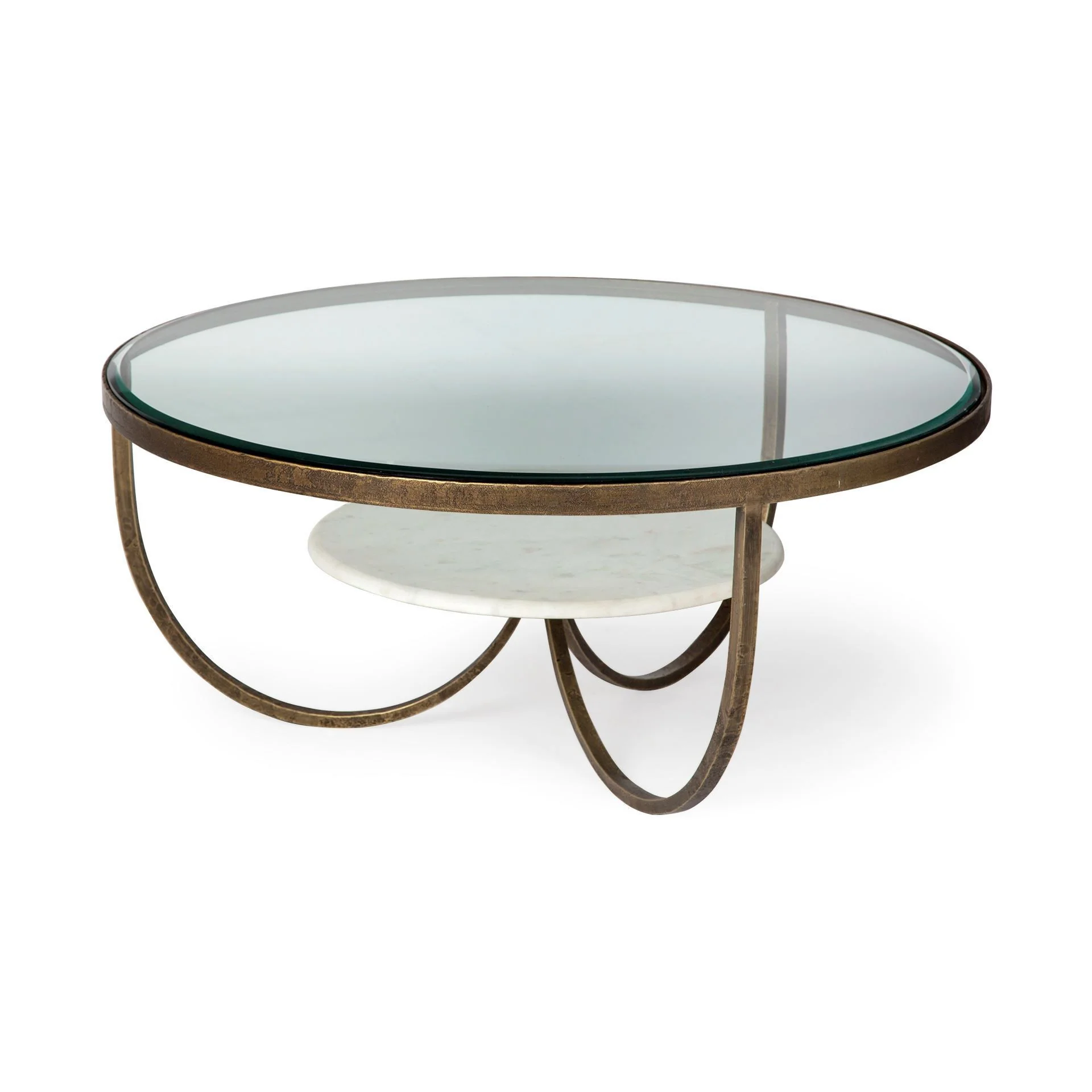 36' Round Glass Top Marble Shelf Gold Base Coffee Table By Homeroots