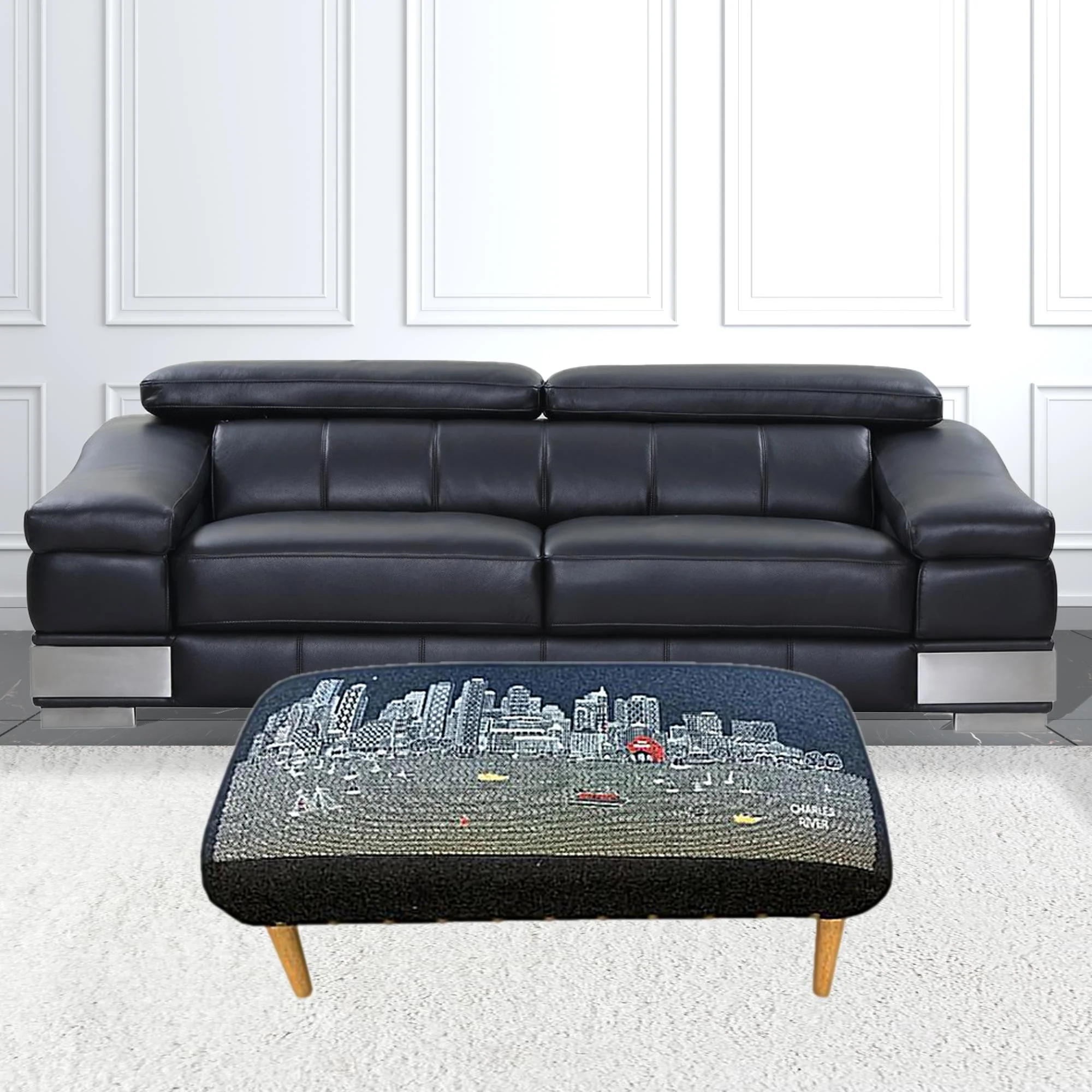 38" Black Boston Nighttime Skyline Embroidered Ottoman By Homeroots