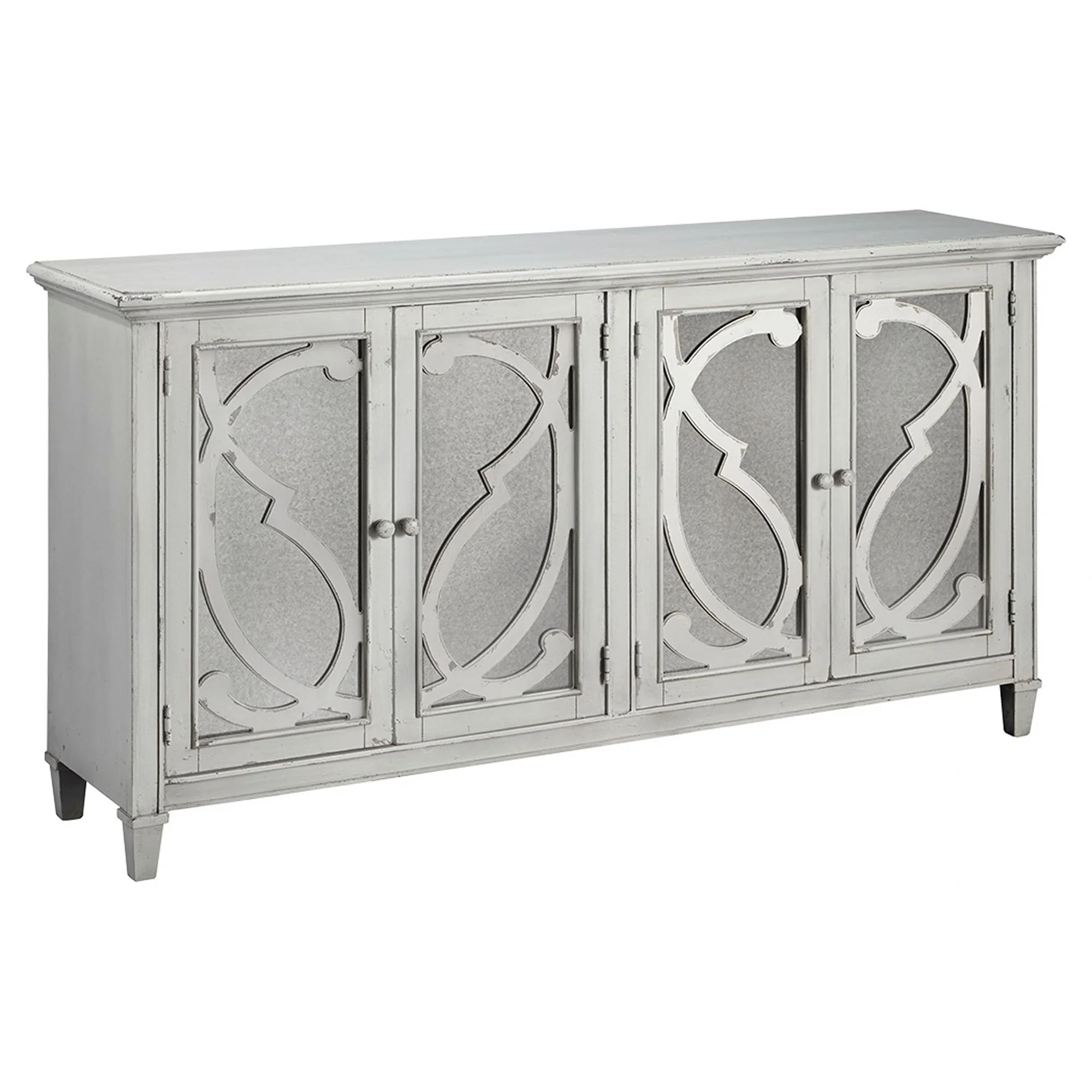 4 Panel Door Cabinet with Fluted Detail, Antique White By Benzara