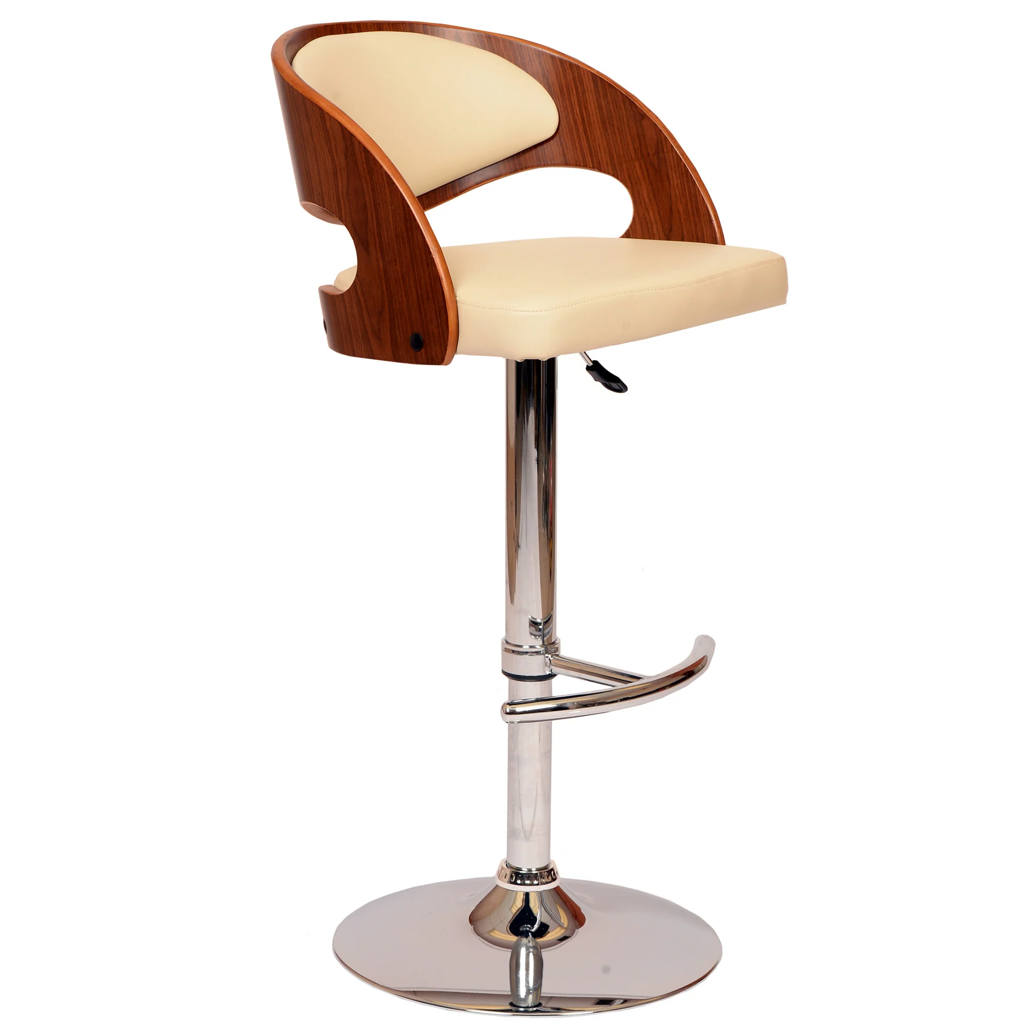 43" Cream And Brown Faux Leather And Solid Wood Swivel Low Back Adjustable Height Bar Chair With Footrest By Homeroots